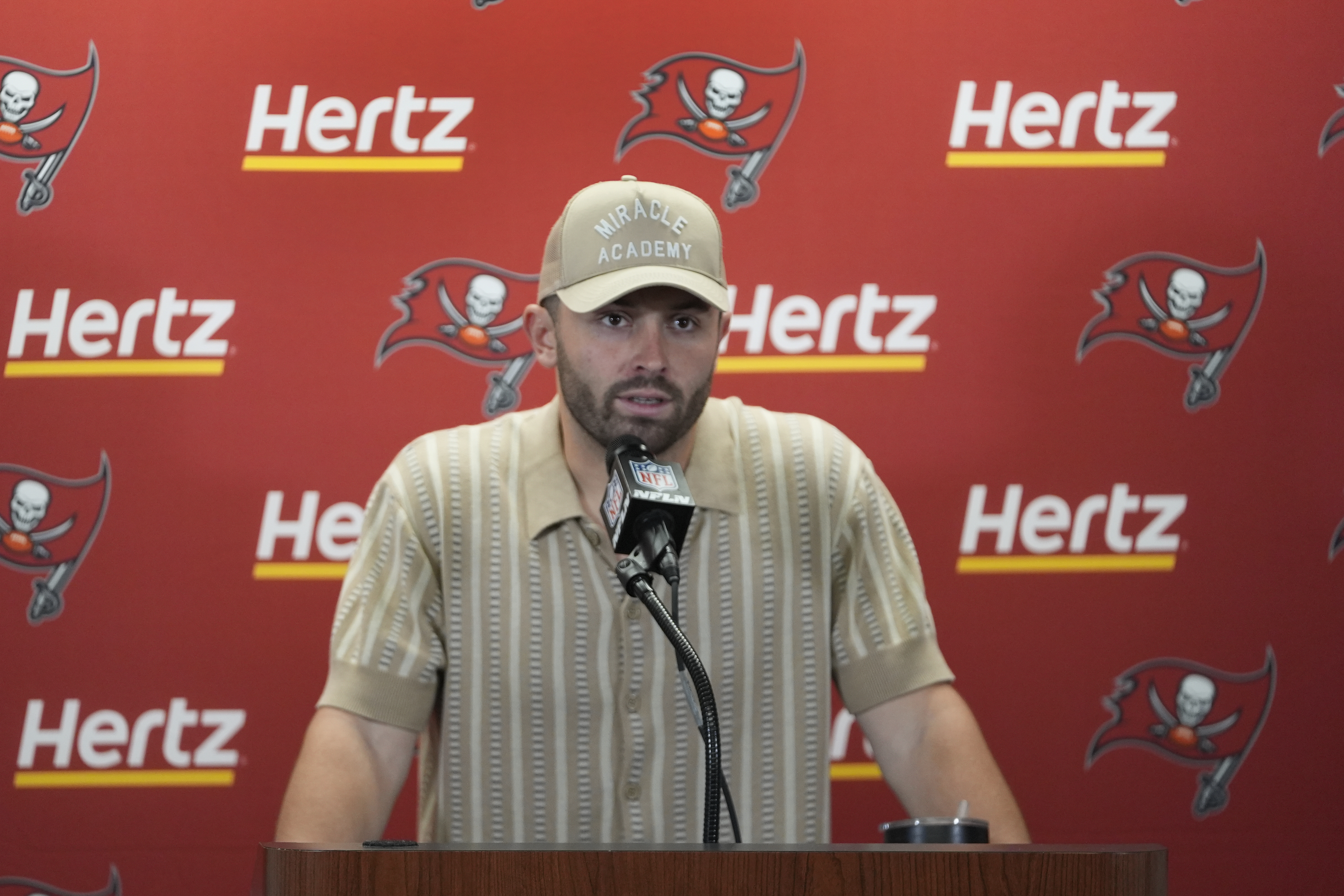 Tampa Bay Buccaneers quarterback Baker Mayfield speaks to the media after an NFL football game against the Detroit Lions in Detroit, Sunday, Sept. 15, 2024. 