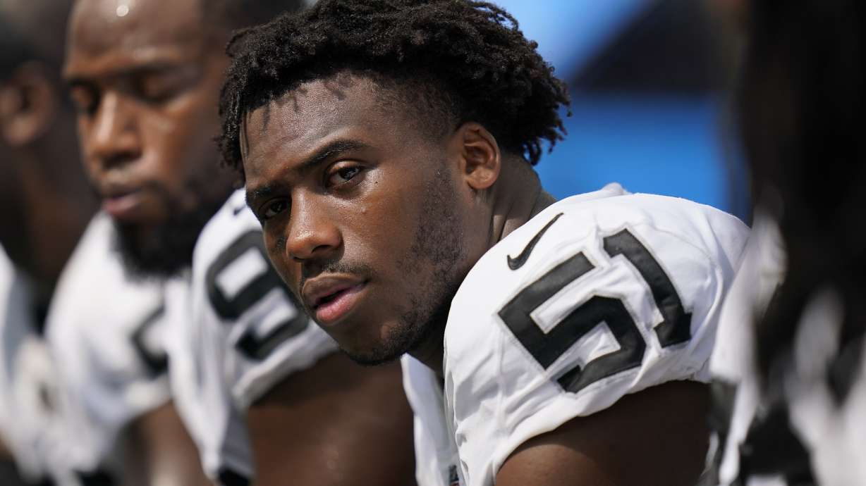 FILE - Las Vegas Raiders defensive end Malcolm Koonce of an NFL football game against the Los Angeles Chargers, Sept. 11, 2022, in Inglewood.