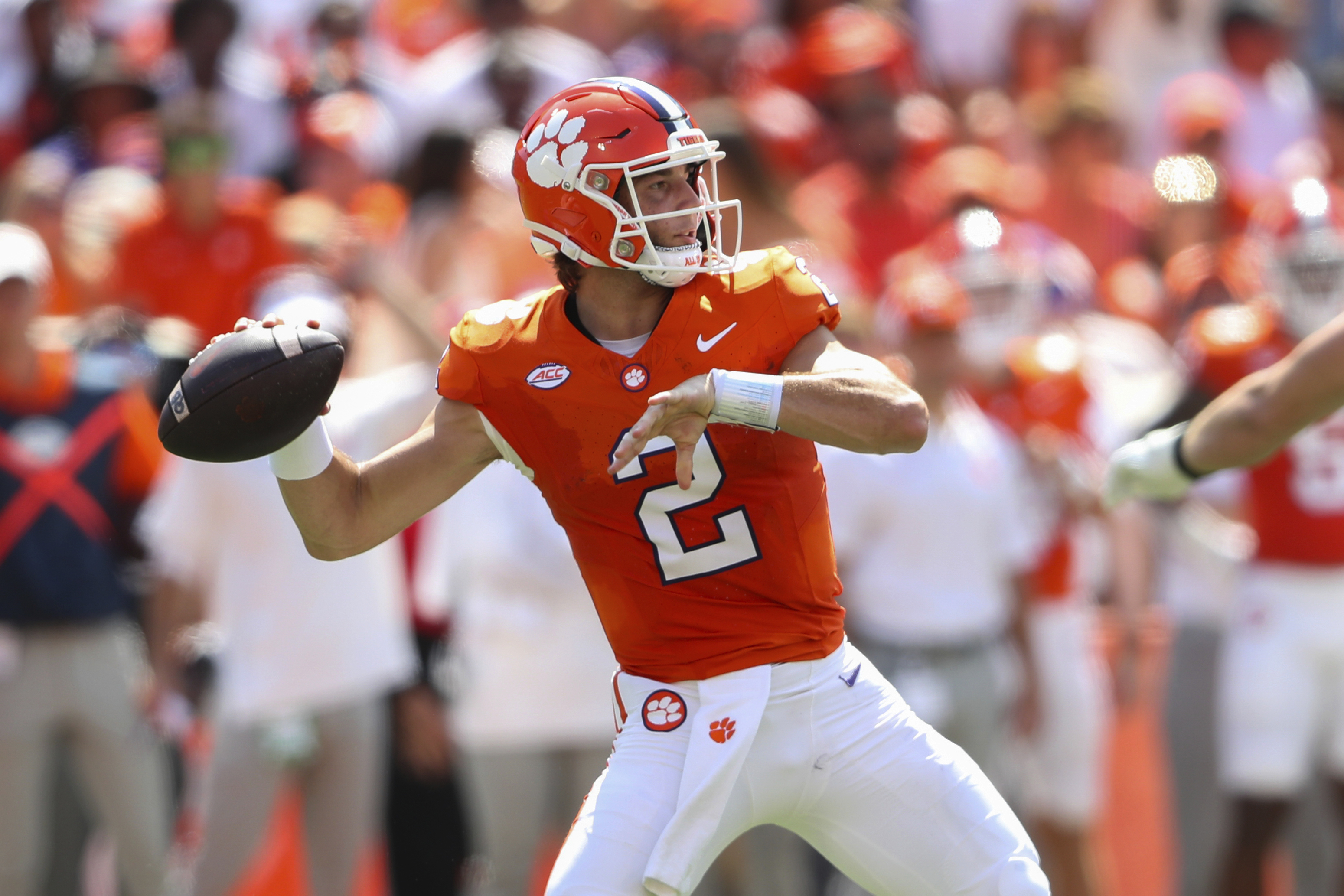 Clemson quarterback Cade Klubnik (2) throws a pass during the first half of an NCAA college football game against North Carolina State Saturday, Sept. 21, 2024, in Clemson, S.C. 