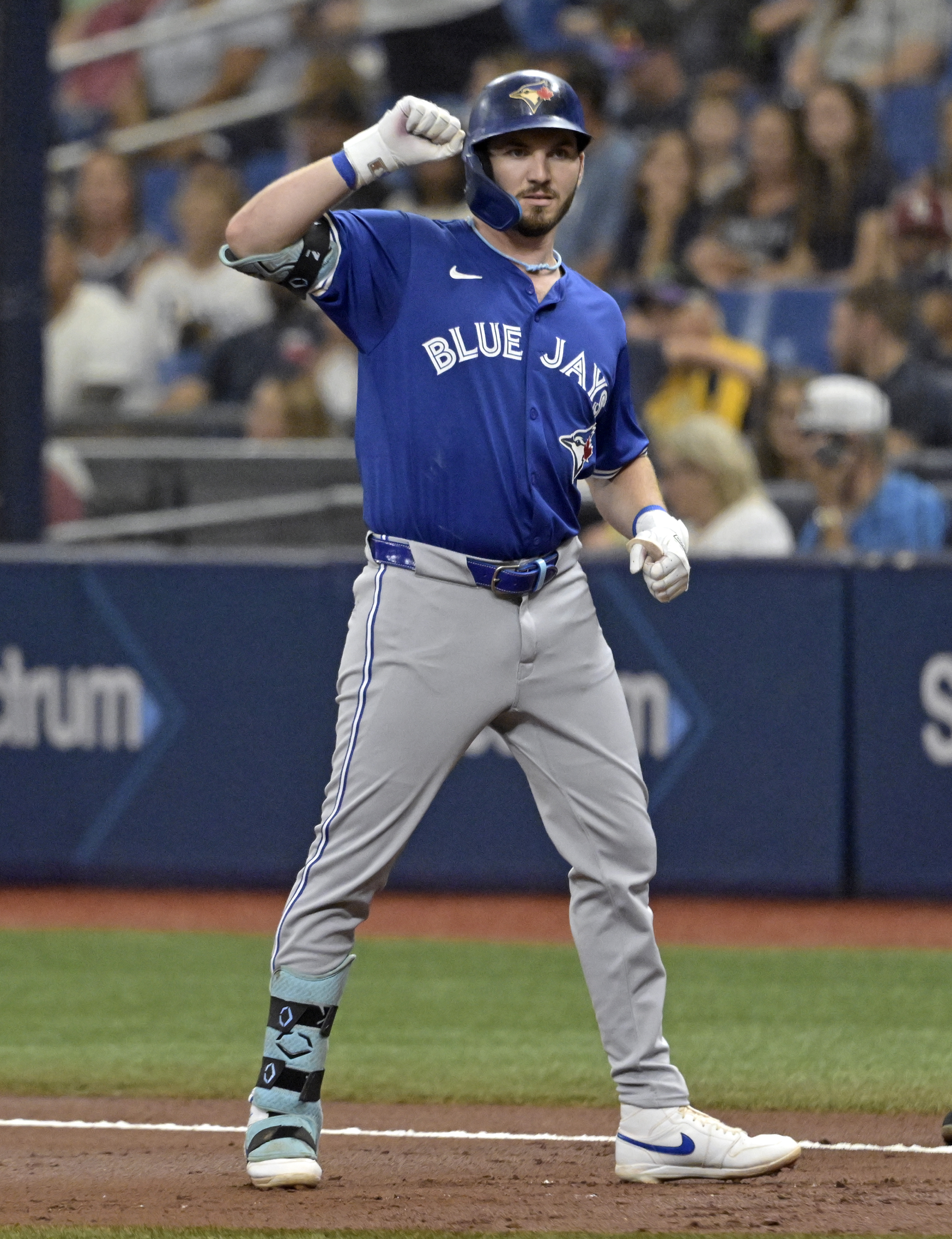 Toronto Blue Jays second baseman Spencer Horwitz gestures toward the dugout after hitting a single off Tampa Bay Rays starter Taj Bradley during the first inning of a baseball game Saturday, Sept. 21, 2024, in St. Petersburg, Fla. 