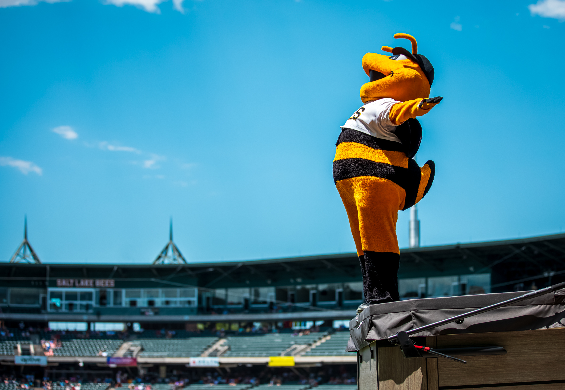 Salt Lake Bees mascot Bumble leads a cheer during a Bees game at Smith's Ballpark on June 23.