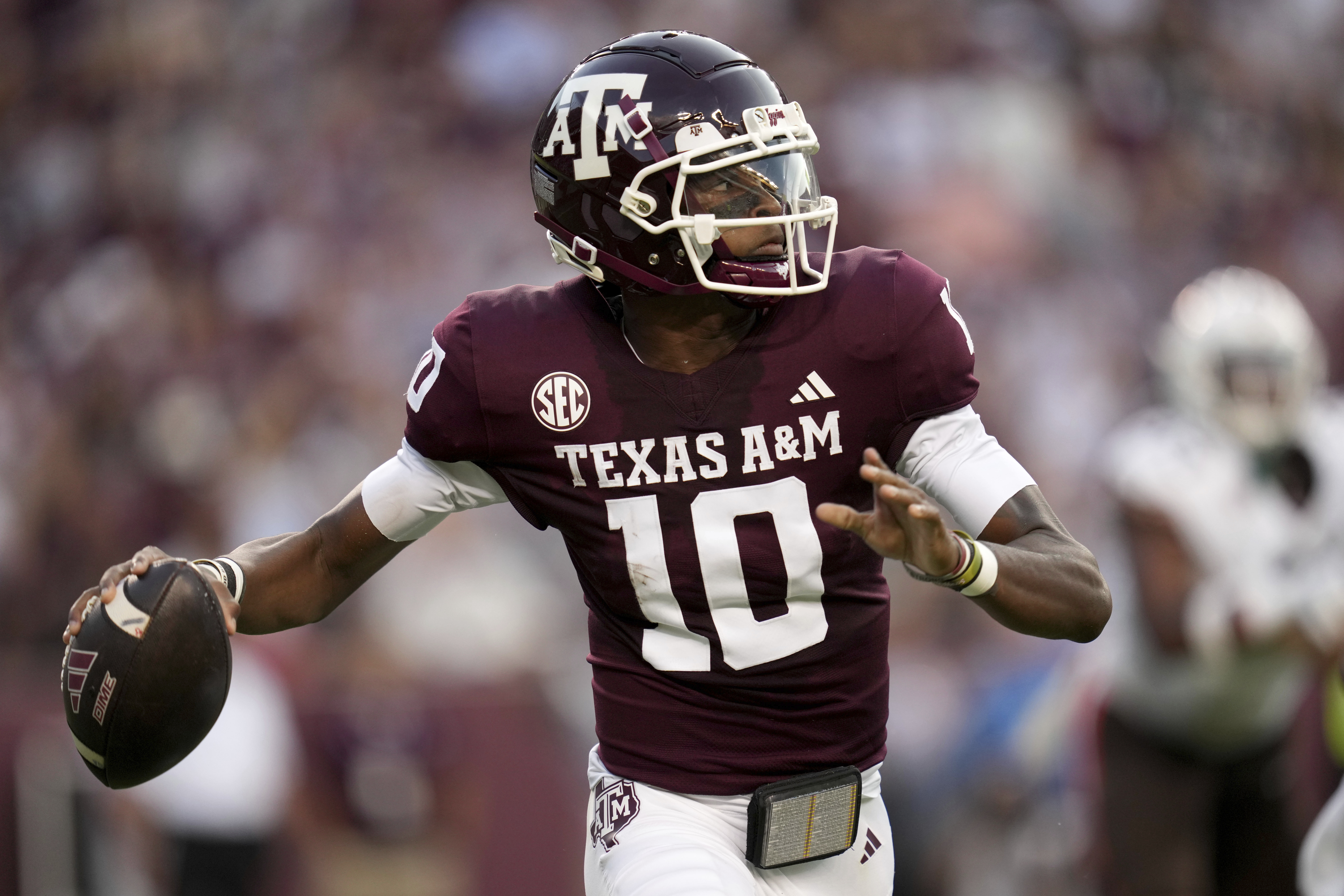 Texas A&M quarterback Marcel Reed (10) looks to pass down field against Bowling Green during the first half of an NCAA college football game Saturday, Sept. 21, 2024, in College Station, Texas.