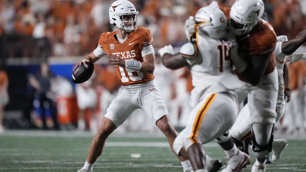 Texas quarterback Arch Manning (16) looks to pass against Louisiana-Monroe during the first half of an NCAA college football game in Austin, Texas, Saturday, Sept. 21, 2024.