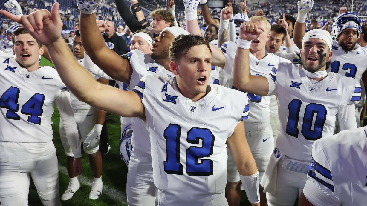 BYU quarterback Jake Retzlaff celebrates a win over Kansas State in Provo on Saturday, Sept. 21, 2024. BYU won 38-9.