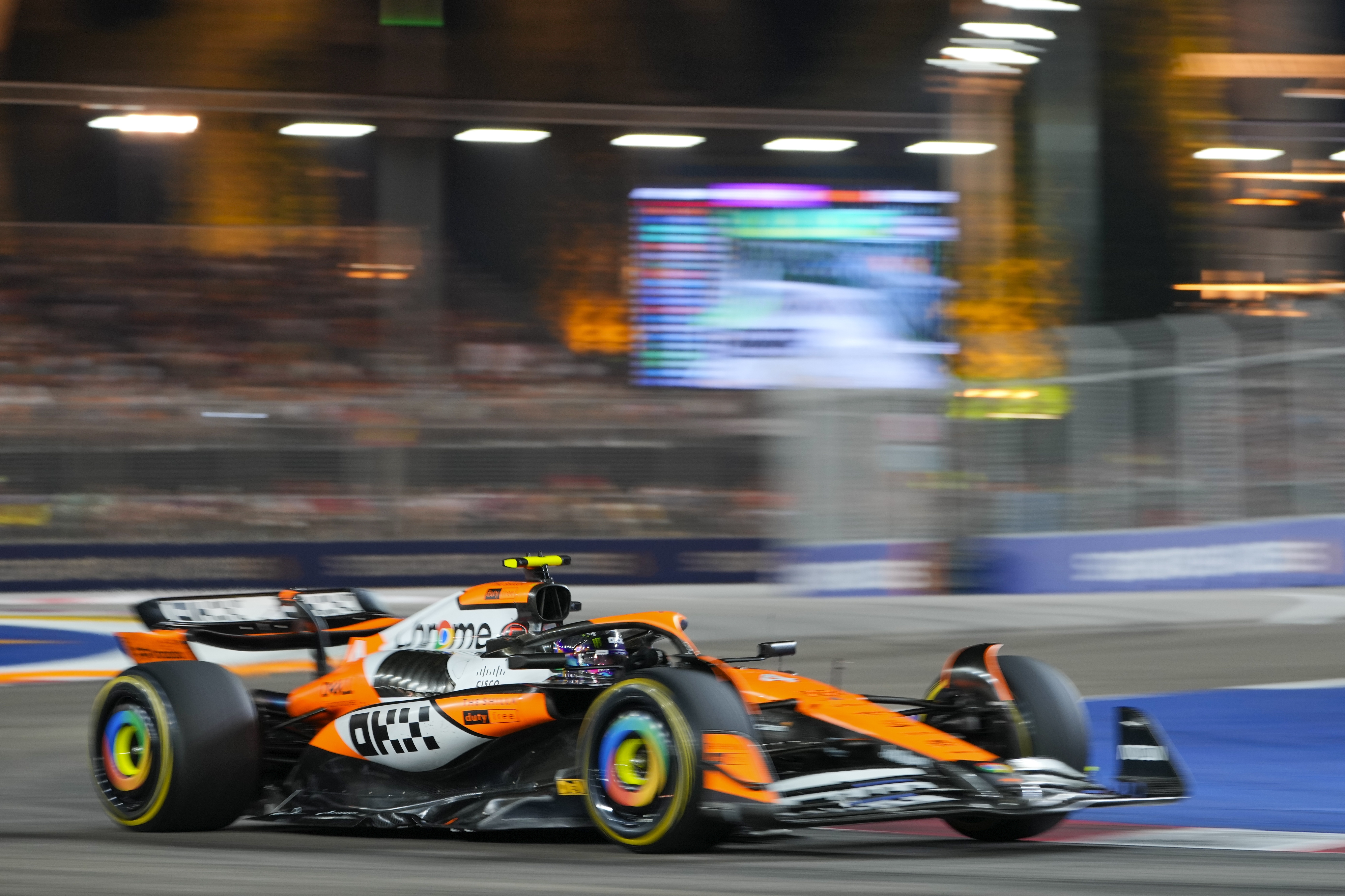 McLaren driver Lando Norris of Britain steers his car during the Singapore Formula One Grand Prix at the Marina Bay Street Circuit, in Singapore, Sunday, Sept. 22, 2024.
