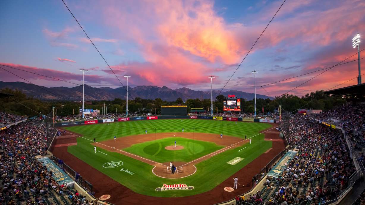 The sun sets over Smith's Ballpark during a game between the Salt Lake Bees and Oklahoma City Baseball Club on Sept. 21. The stadium will remain home to the University of Utah baseball team in 2025.