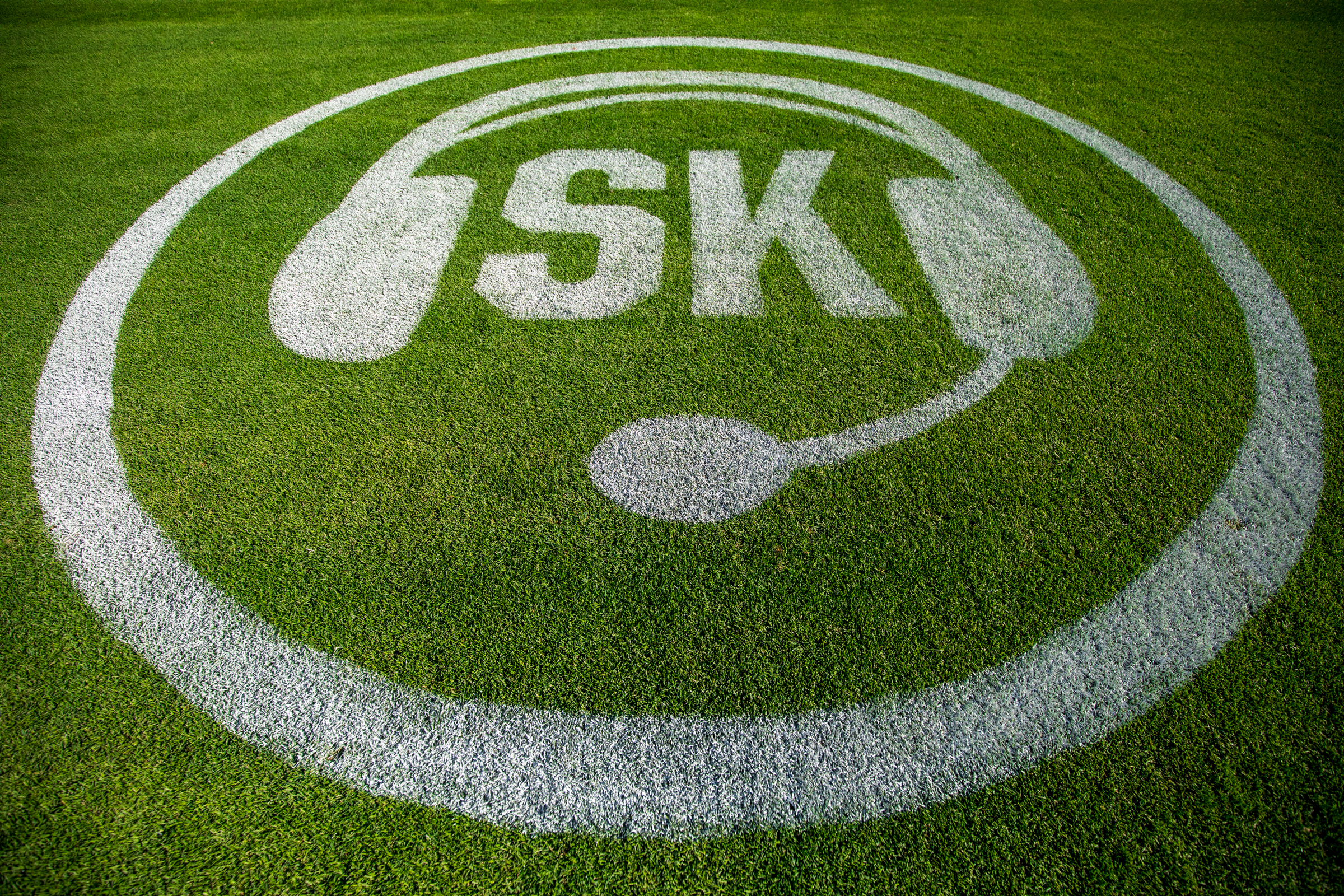 A logo is painted onto the Smith's Ballpark infield to honor longtime Bees broadcaster Steve Klauke before the team's game on June 18. The logo remained a part of the field design the rest of the season after his death.