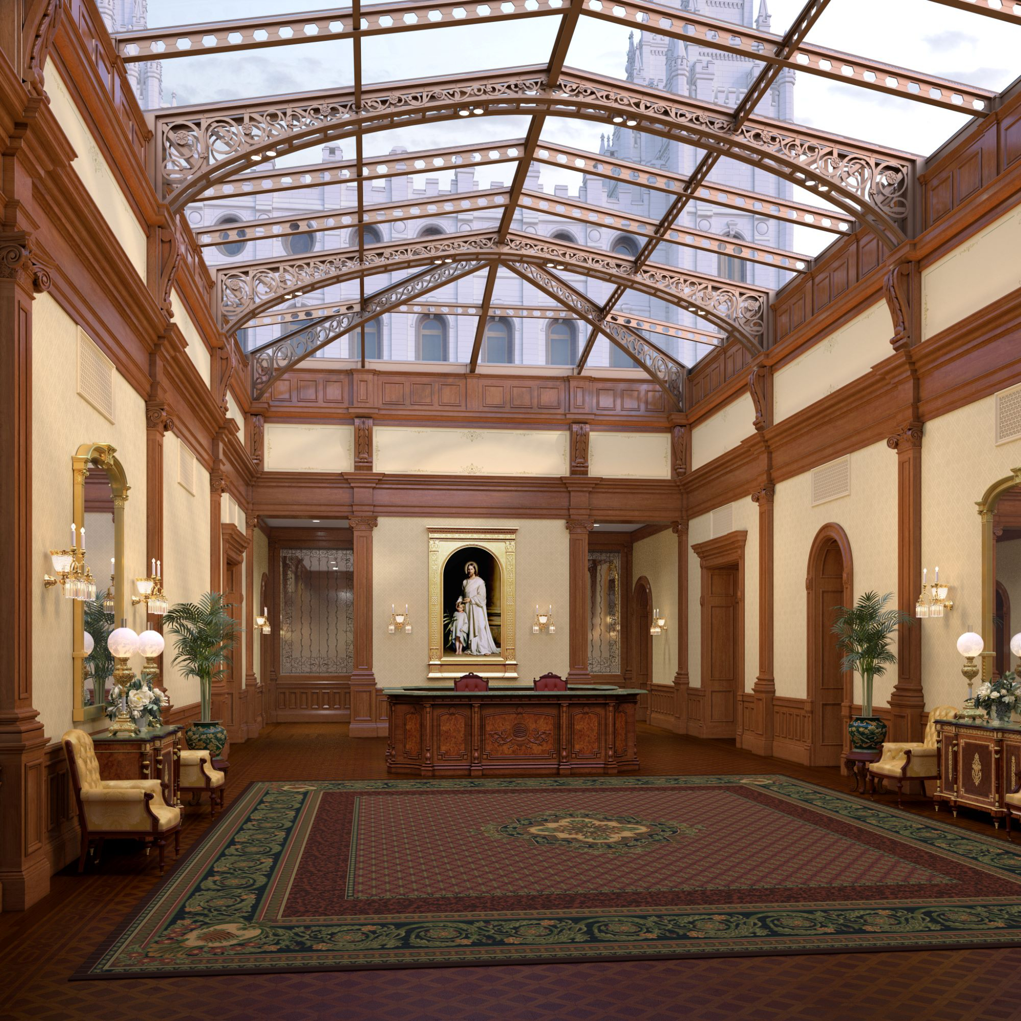 A rendering of the entry into the Salt Lake Temple, with the recommend desk and skylight.