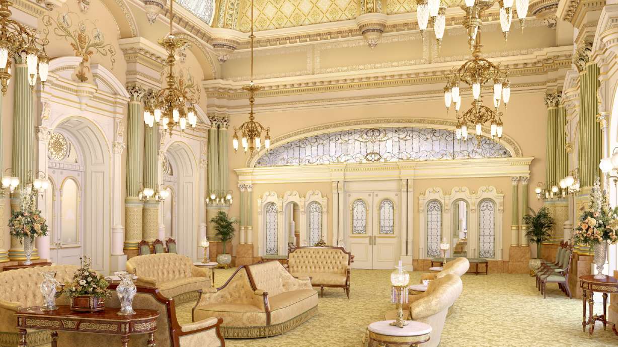 A rendering of the renovated celestial room in the Salt Lake Temple.