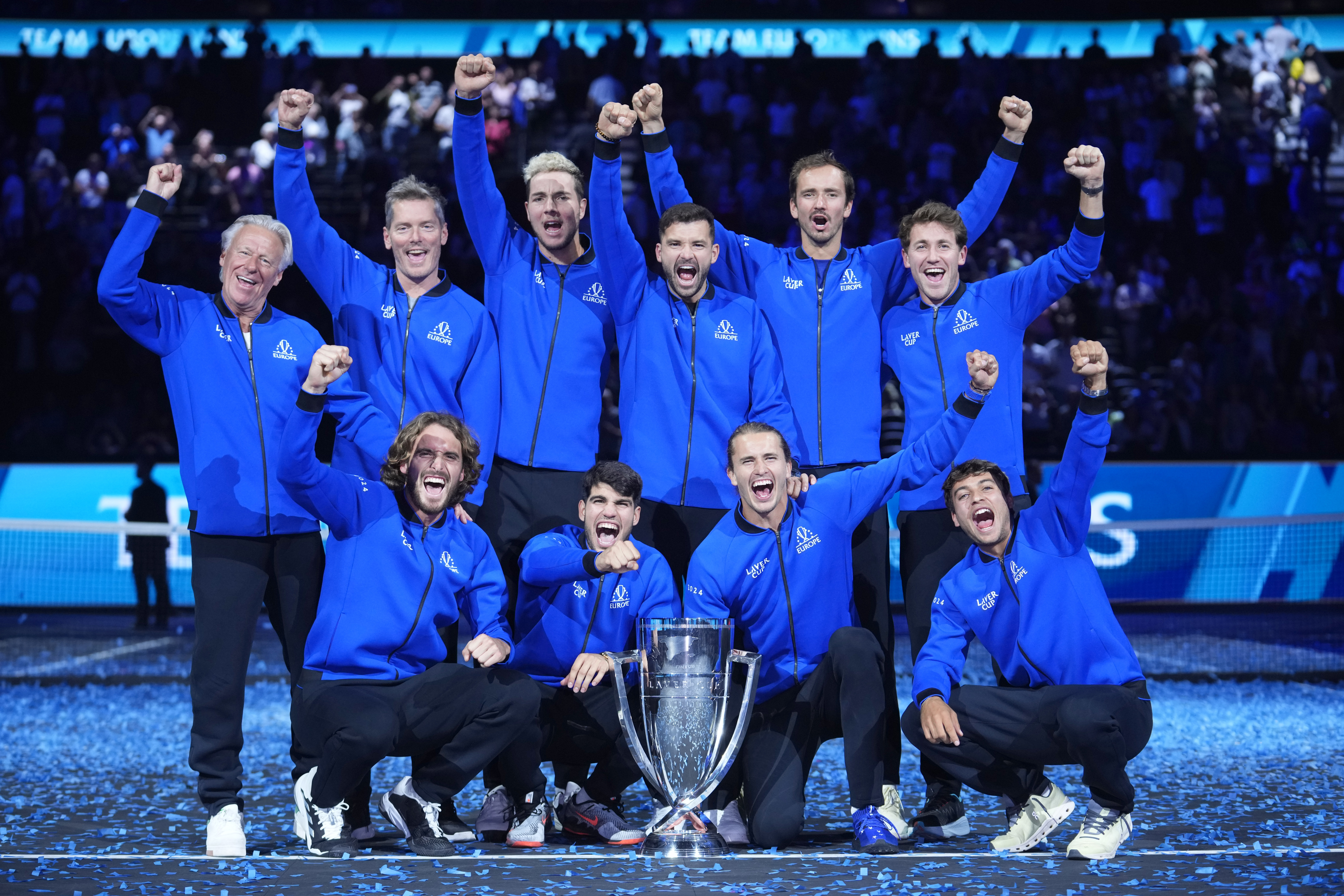 Team Europe celebrates after they defeated Team World for the Laver Cup in tennis, at the Uber arena in Berlin, Germany, Sunday, Sept. 22, 2024. 