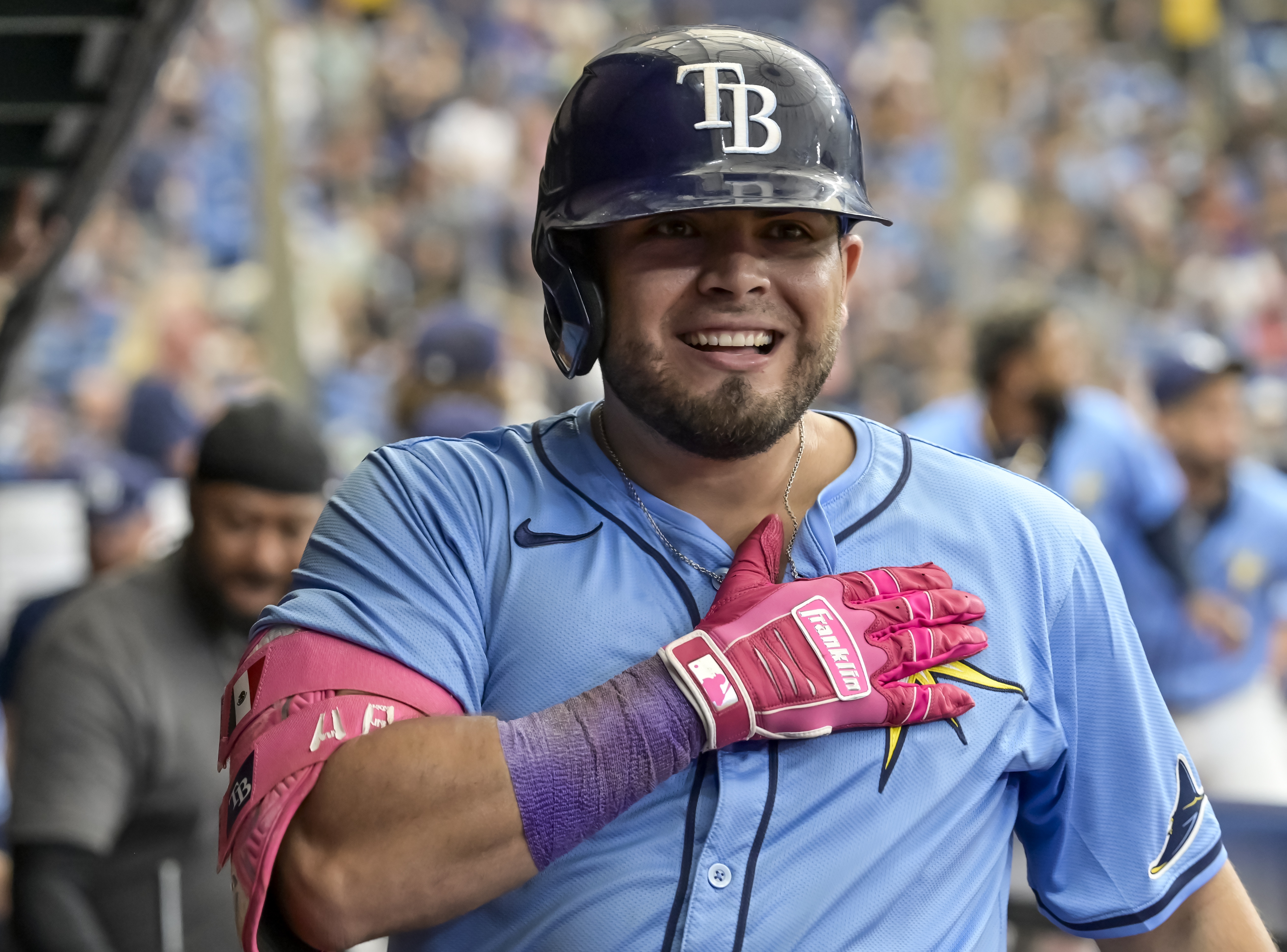 Tampa Bay Rays' Jonathan Aranda reacts after hitting a two-run home run off Toronto Blue Jays reliever Zach Pop during the sixth inning of a baseball game Sunday, Sept. 22, 2024, in St. Petersburg, Fla.
