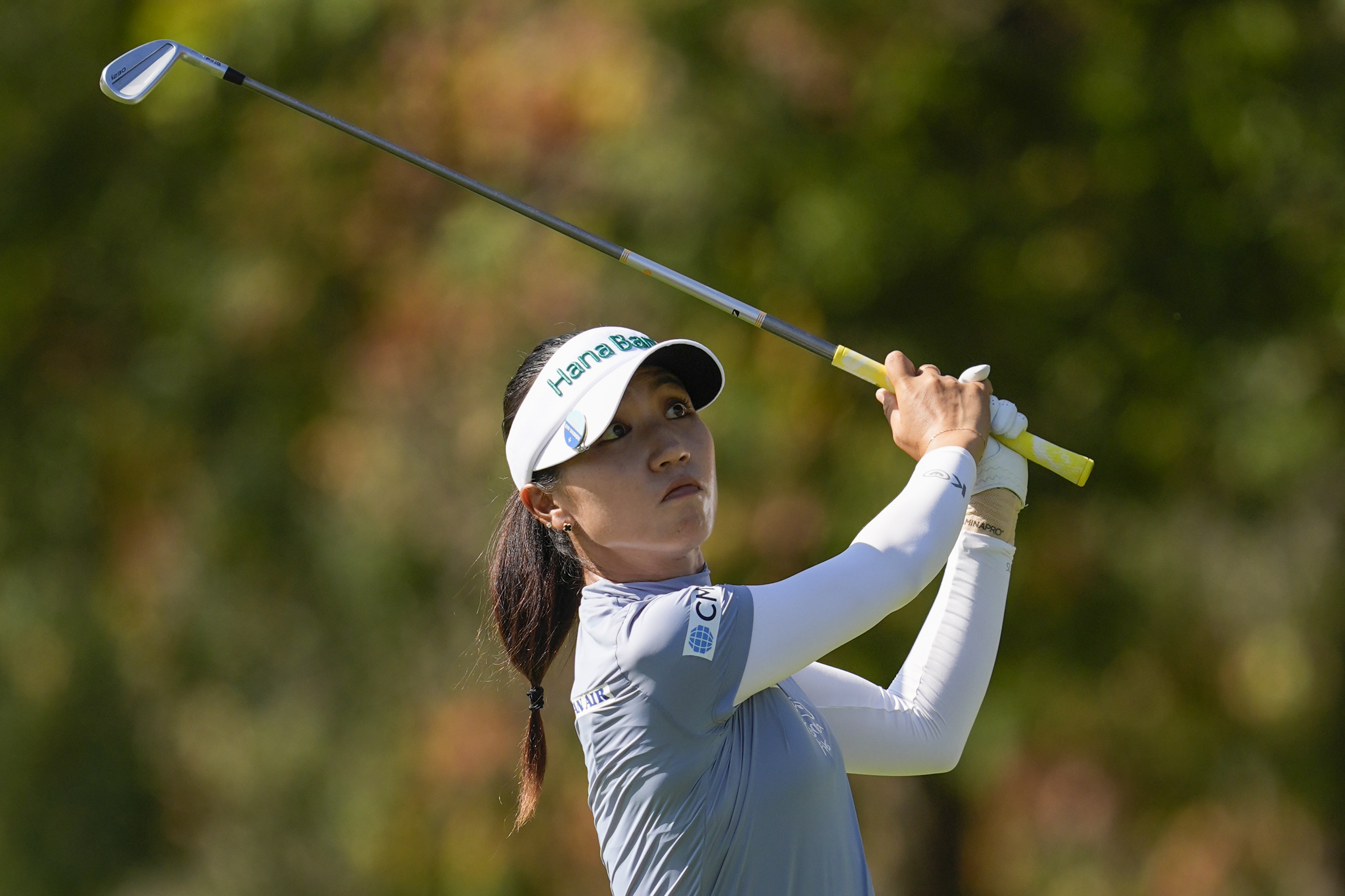 Lydia Ko of New Zealand plays her shot from the fifth tee during the final round of the LPGA Kroger Queen City Championship golf tournament at TPC River's Bend in Maineville, Ohio, Sunday, Sept. 22, 2024.