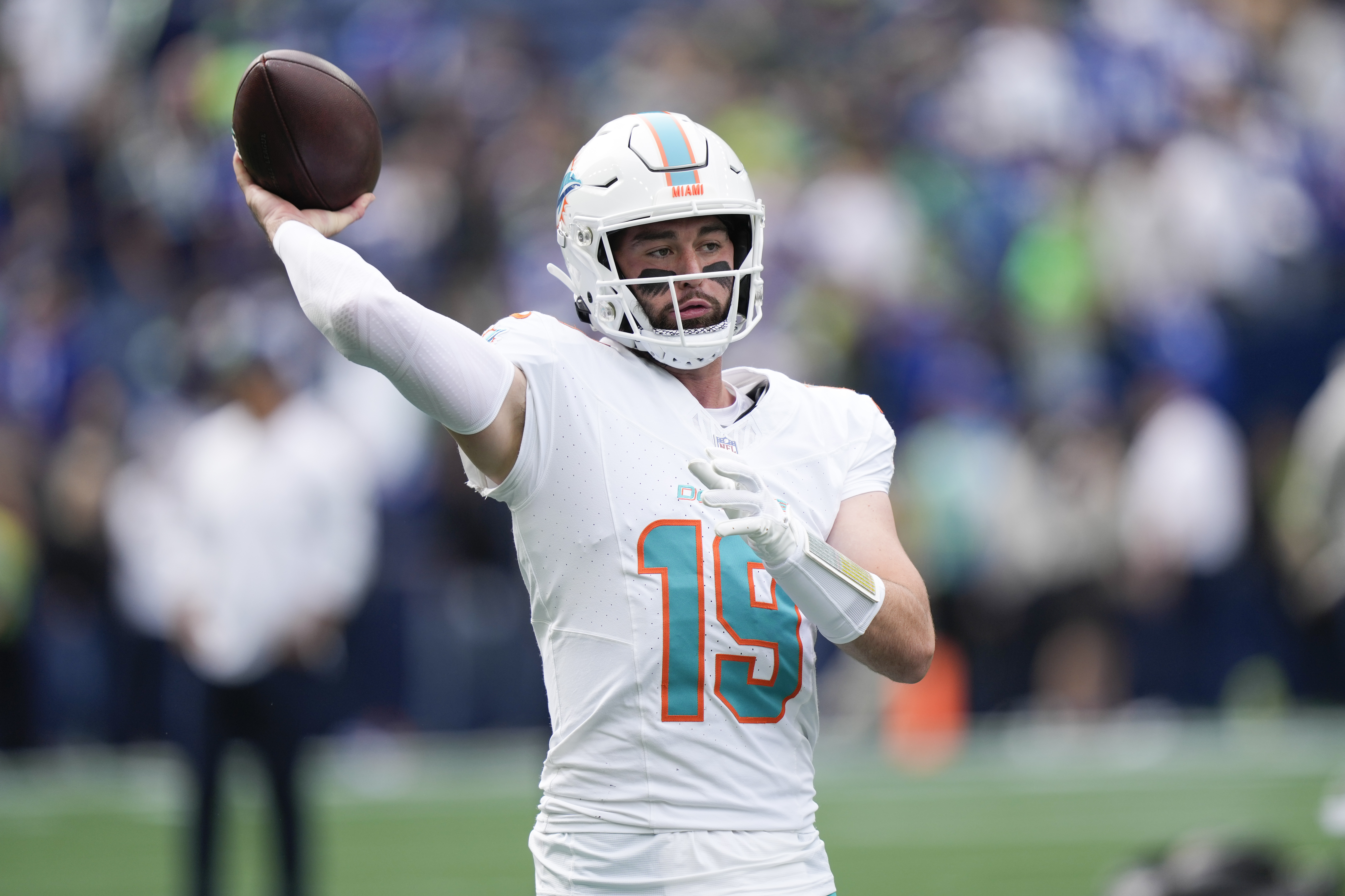 Miami Dolphins quarterback Skylar Thompson warms up before an NFL football game against the Seattle Seahawks, Sunday, Sept. 22, 2024, in Seattle.