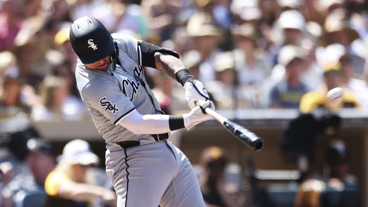 Chicago White Sox's Korey Lee hits a solo home run against the San Diego Padres in the third inning of a baseball game Sunday, Sept. 22, 2024, in San Diego.