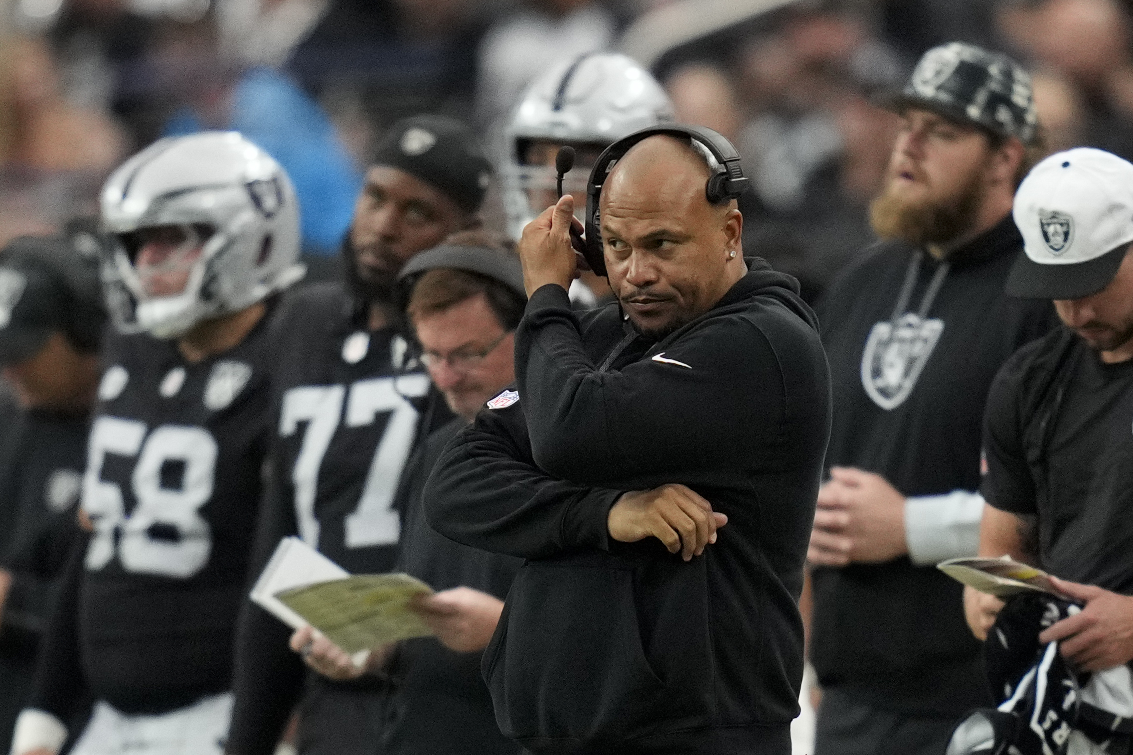 Las Vegas Raiders head coach Antonio Pierce watches during the second half of an NFL football game against the Carolina Panthers, Sunday, Sept. 22, 2024, in Las Vegas. 