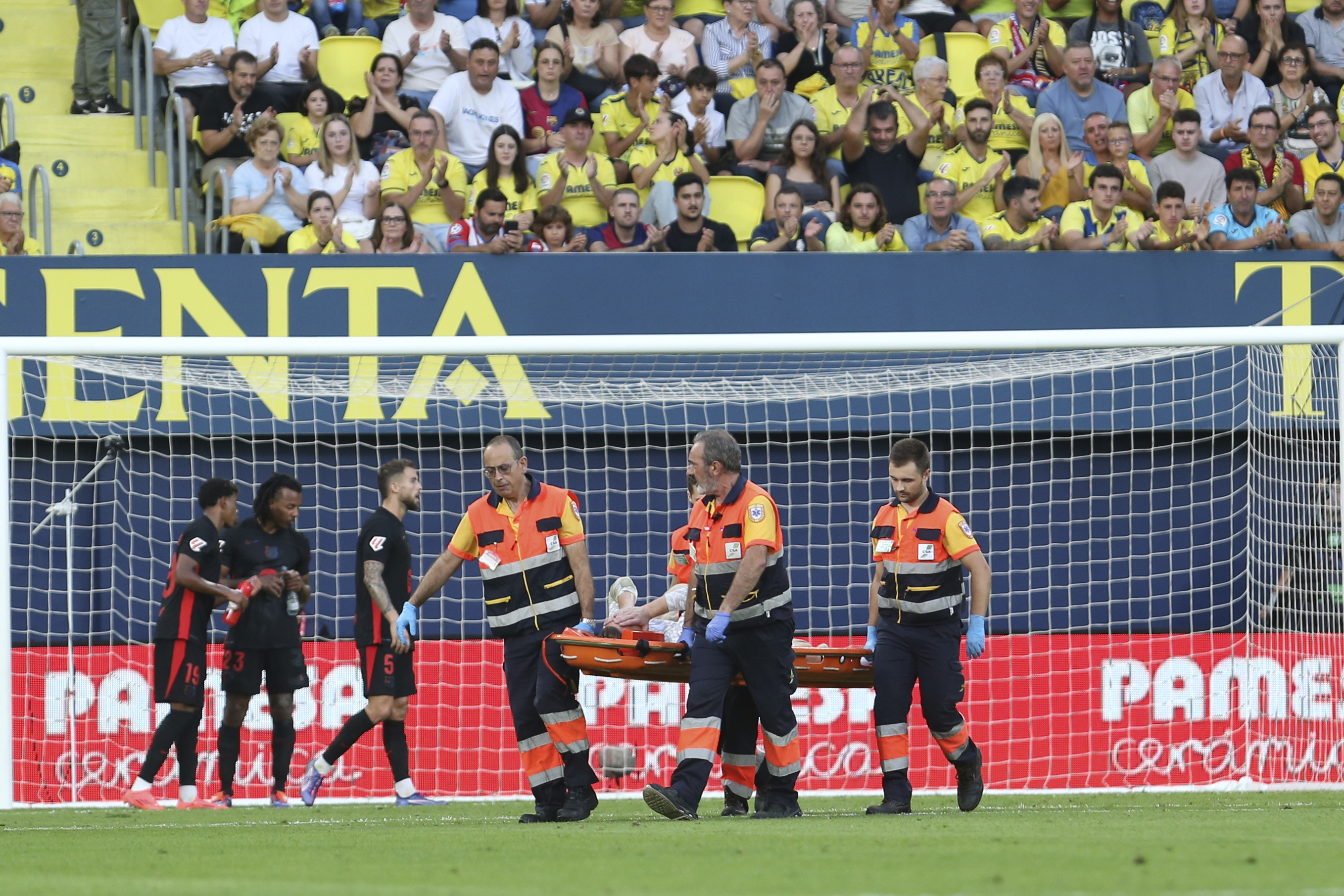 Barcelona's goalkeeper Marc-Andre ter Stegen is removed from the pitch on a stretcher after picking up an injury during a Spanish La Liga soccer match against Villarreal at the La Cerámica stadium in Villarreal, Spain, Sunday, Sept. 22, 2024. 