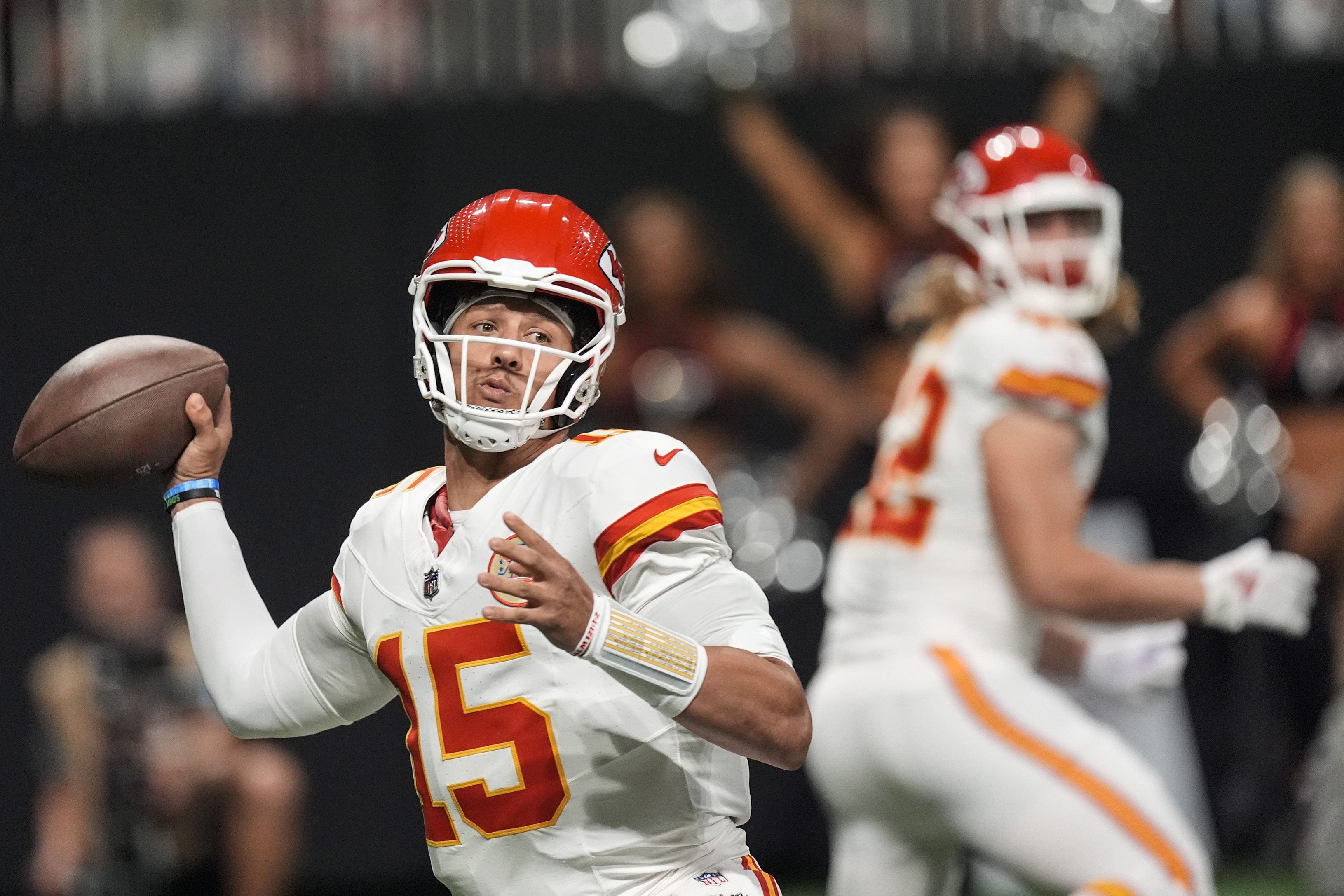 Kansas City Chiefs quarterback Patrick Mahomes (15) passes against the Atlanta Falcons during the first half of an NFL football game, Sunday, Sept. 22, 2024, in Atlanta. 