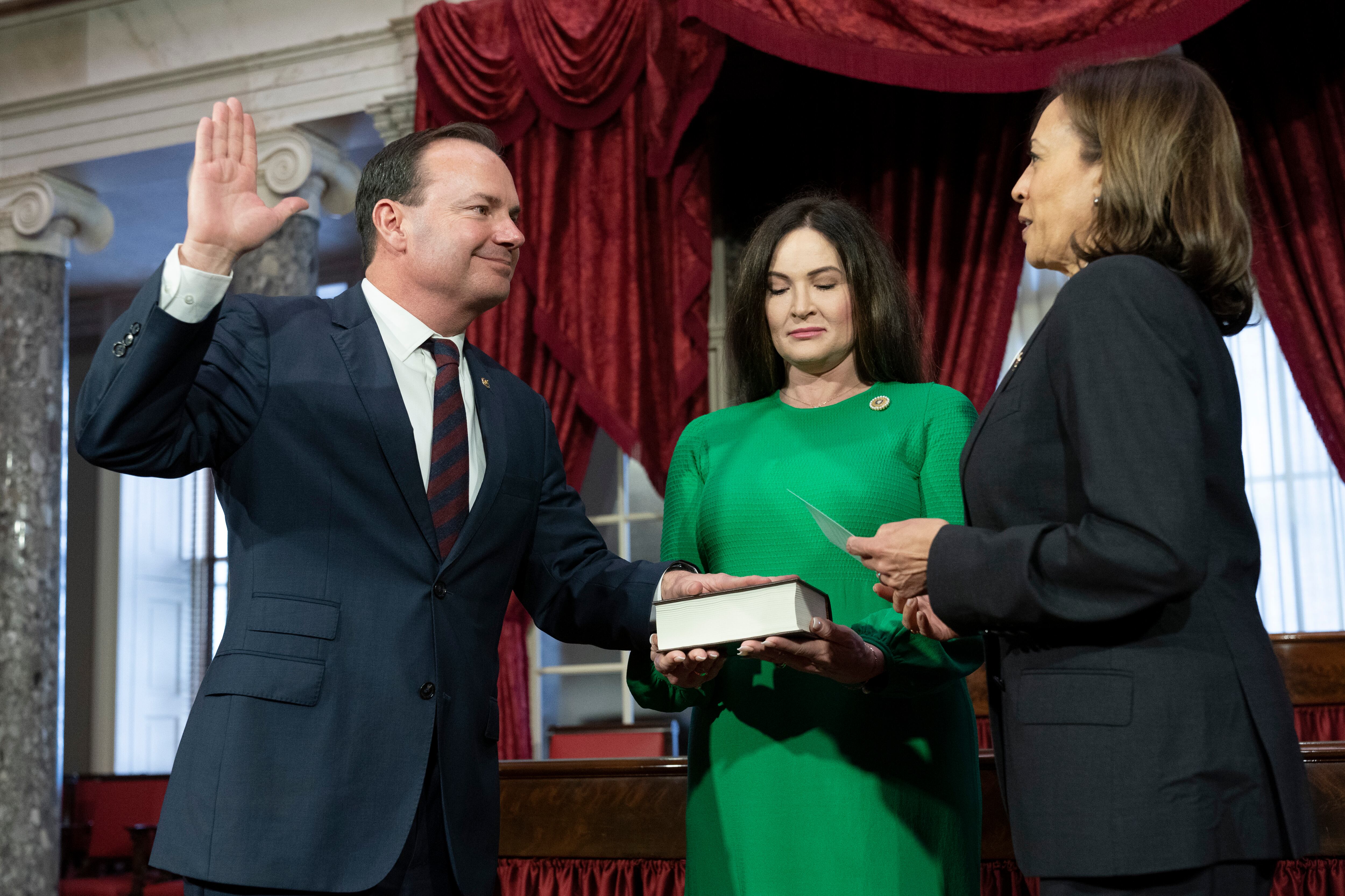 Vice President Kamala Harris at a ceremonial swearing-in of Sen. Mike Lee, R-Utah, with his wife, Sharon Lee, in Washington, Jan. 3, 2023. Lee said Harris presents a threat to people of faith because of her past efforts to reform religious freedom laws.