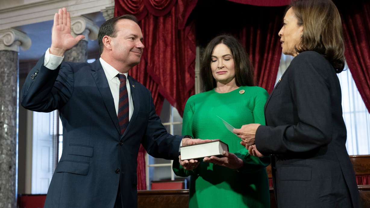 Vice President Kamala Harris at a ceremonial swearing-in of Sen. Mike Lee, R-Utah, with his wife, Sharon Lee, in Washington, Jan. 3, 2023. Lee said Harris presents a threat to people of faith because of her past efforts to reform religious freedom laws.