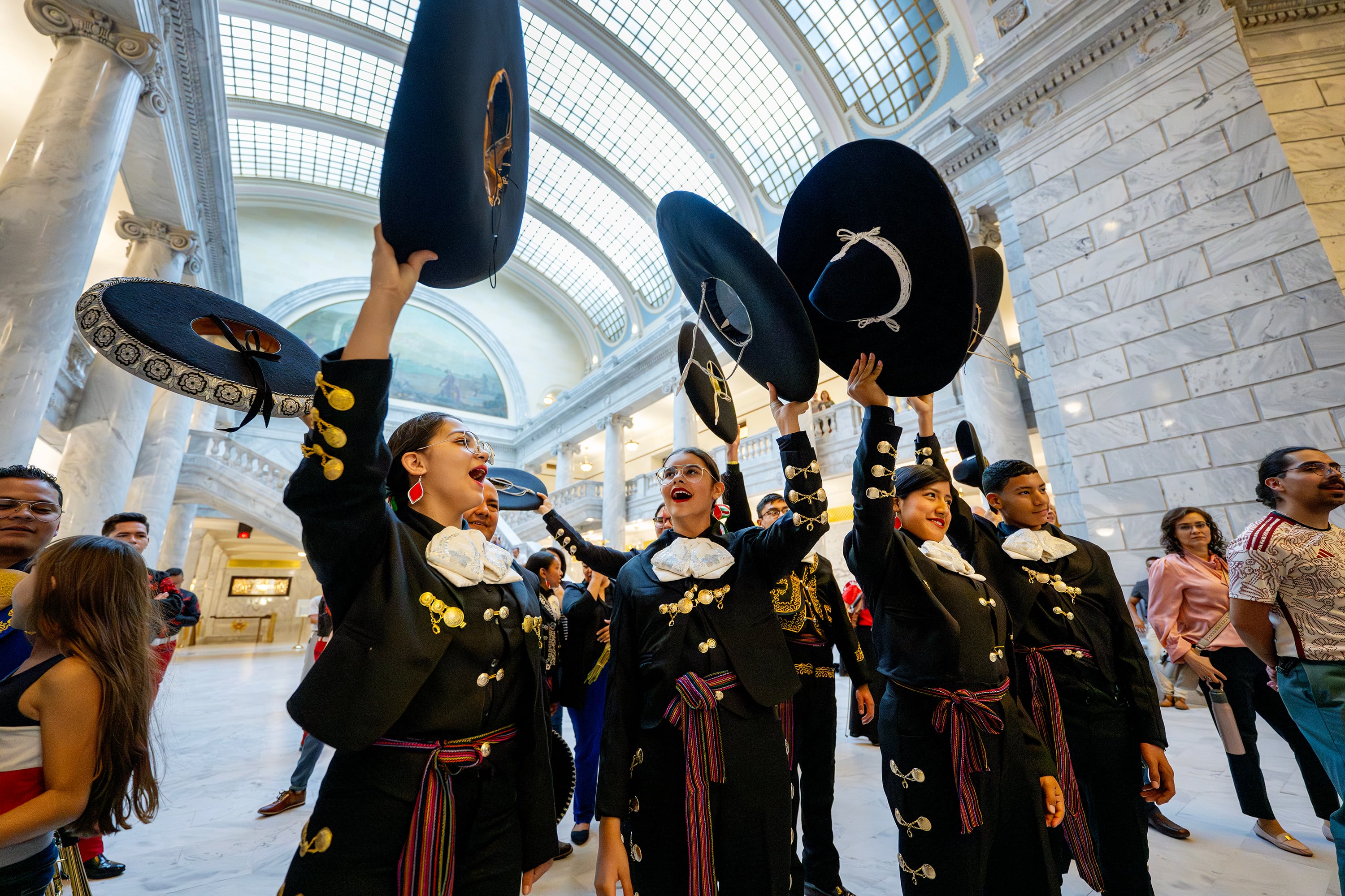 Young mariachi band members cheer during Sones de Mariachi en Utah, a mariachi competition in connection with Hispanic Heritage Month 2023 at the Capitol in Salt Lake City on Aug. 30, 2023.