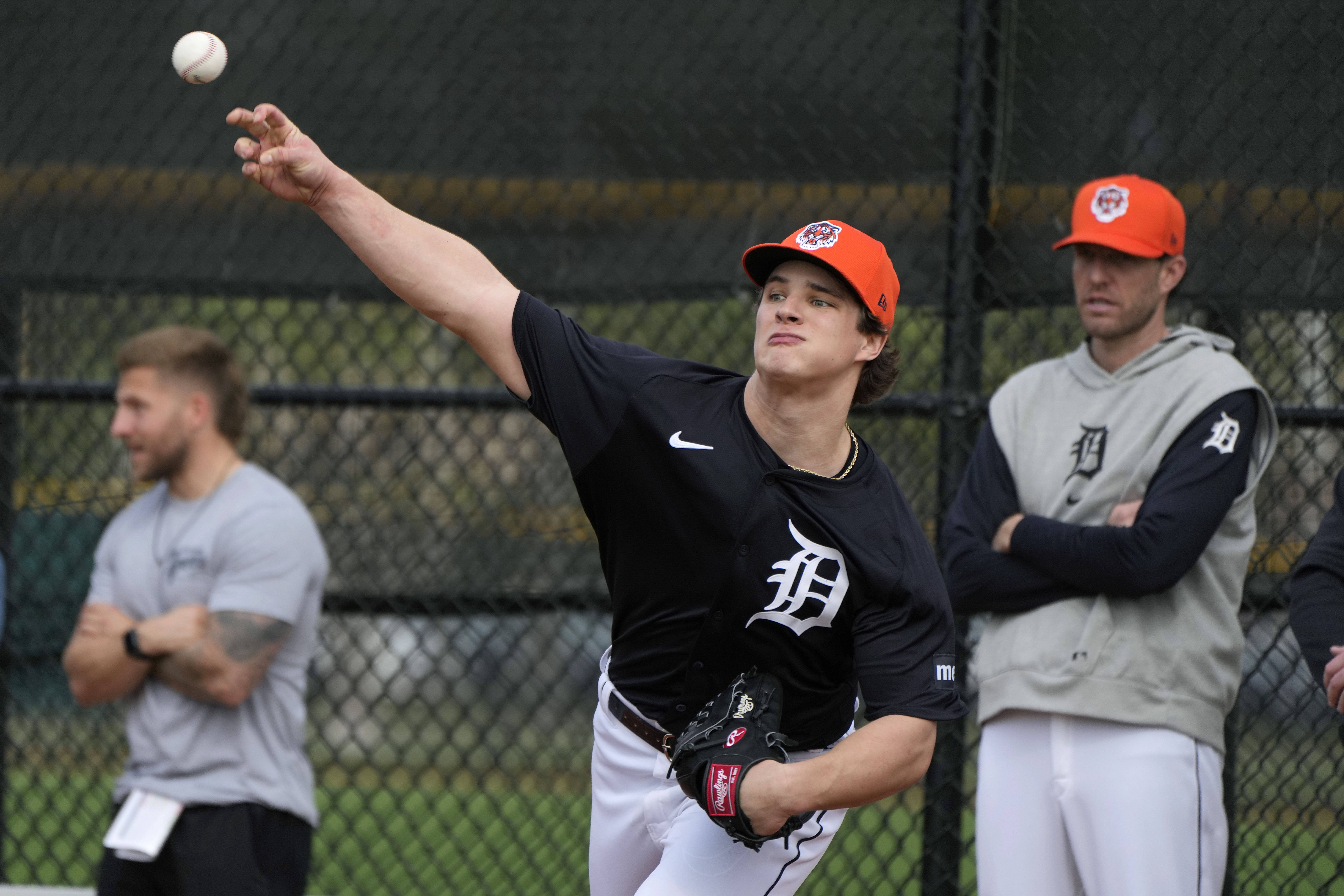 FILE - Detroit Tigers pitcher Jackson Jobe throws during a baseball spring training workout Feb. 16, 2024, in Lakeland, Fla. 