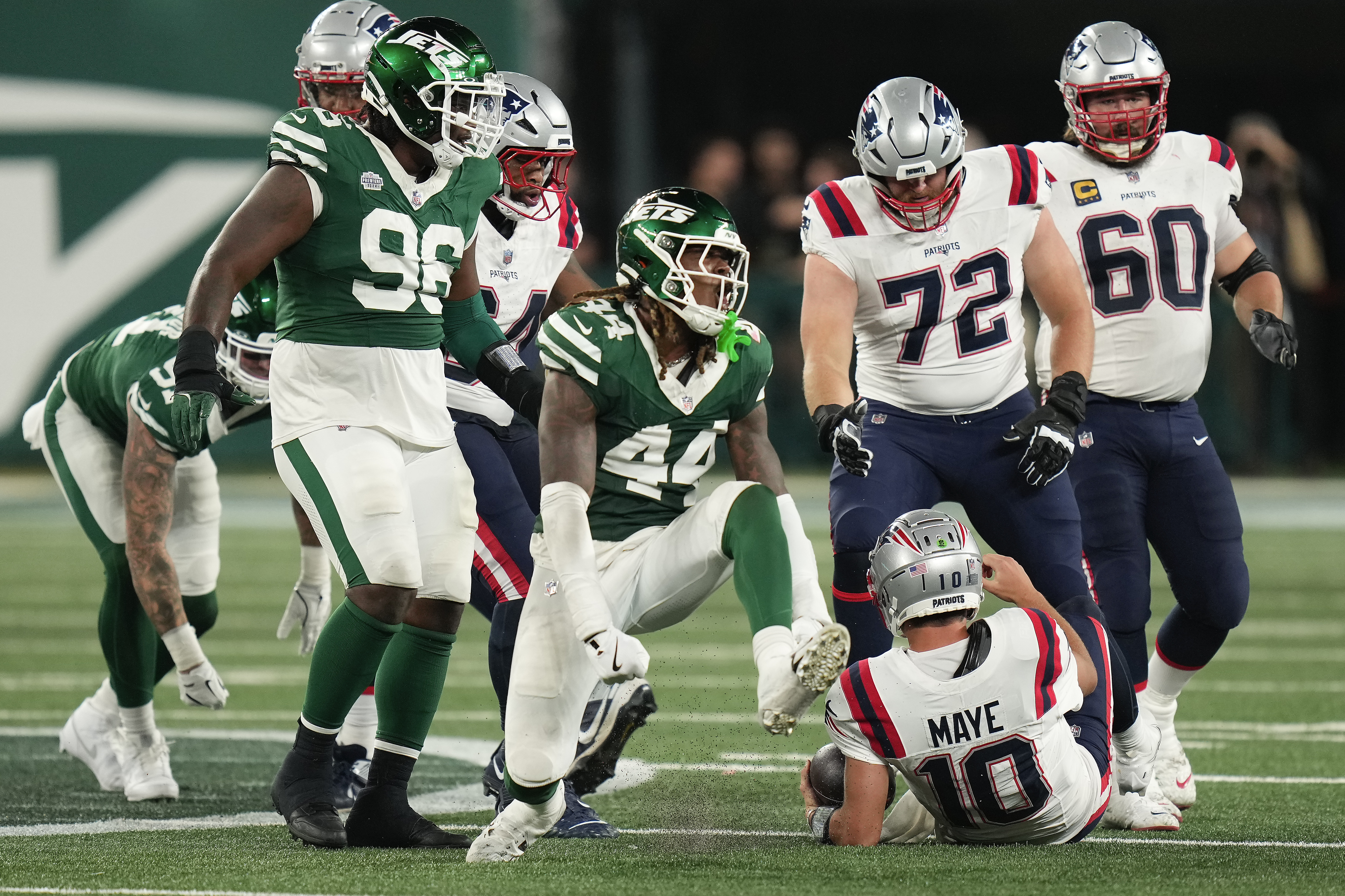 New York Jets linebacker Jamien Sherwood (44) reacts after sacking New England Patriots quarterback Drake Maye (10) during the fourth quarter of an NFL football game, Thursday, Sept. 19, 2024, in East Rutherford, N.J. 