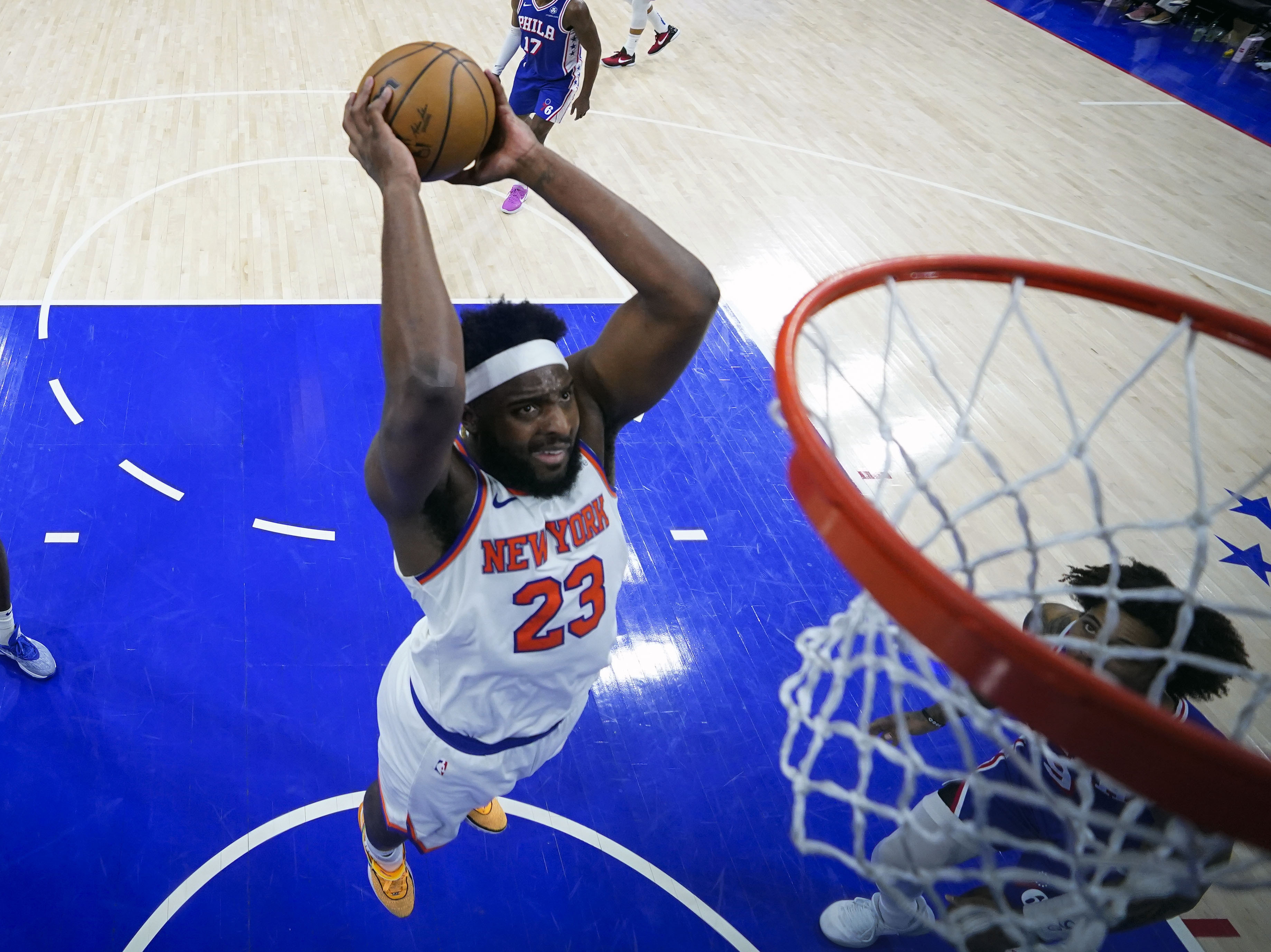 FILE - New York Knicks' Mitchell Robinson (23) dunks during the second half of Game 6 in an NBA basketball first-round playoff series against the Philadelphia 76ers, May 2, 2024, in Philadelphia. 