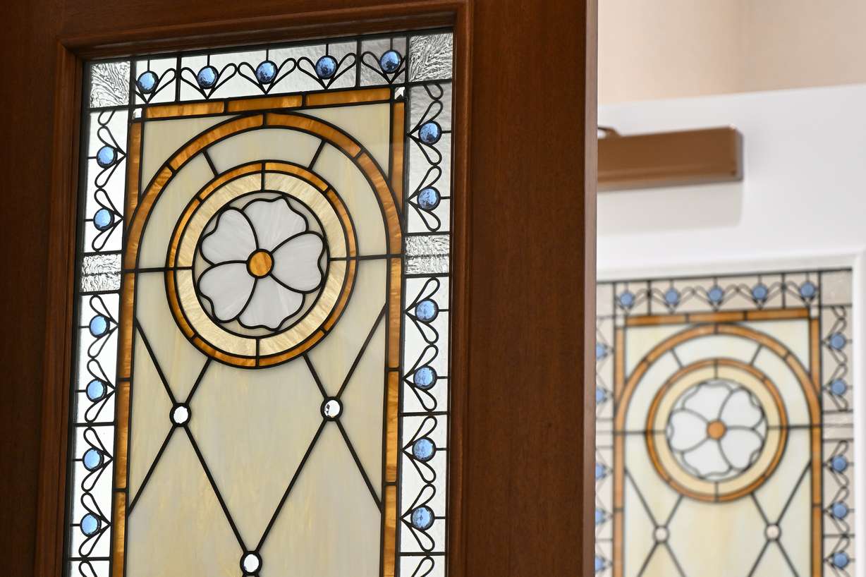 Stained glass in the Deseret Peak Utah Temple. The public open house for the temple begins on Thursday.