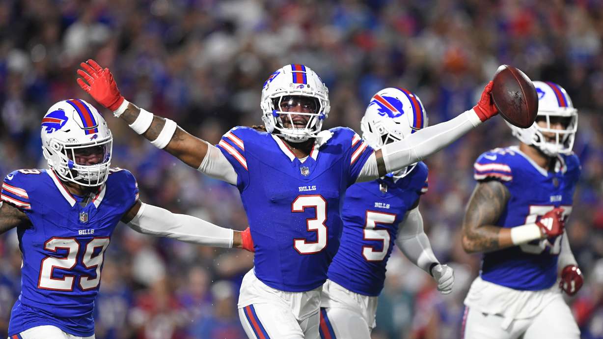 Buffalo Bills safety Damar Hamlin (3) celebrates after intercepting a pass during the first half of an NFL football game against the Jacksonville Jaguars, Monday, Sept. 23, 2024, in Orchard Park, NY.