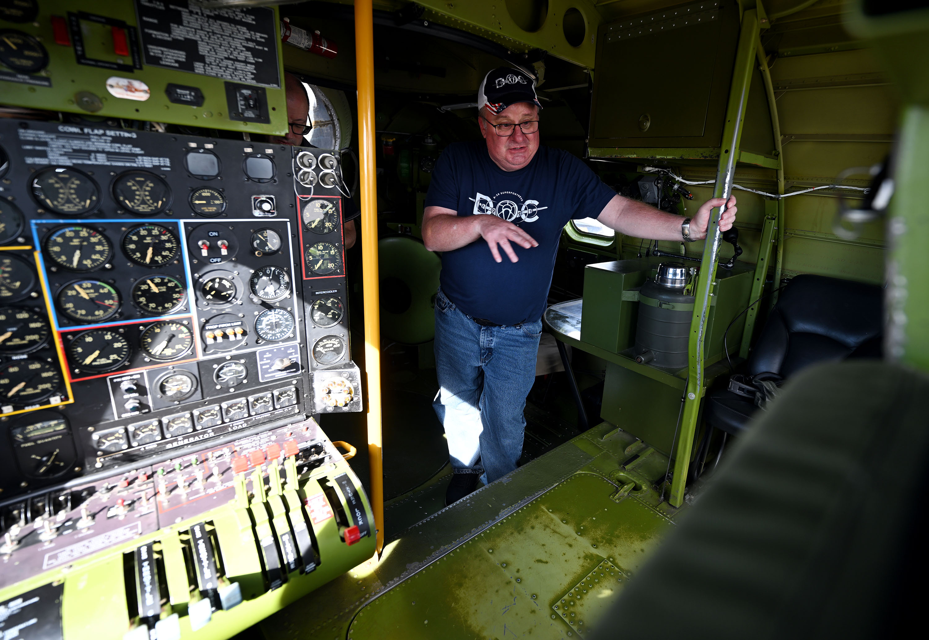 Pilot Sean Elliott talks about Doc, one of only two flying B-29 Superfortress planes still flying worldwide, after they arrived in at Ogden-Hinckley Regional Airport on Monday.