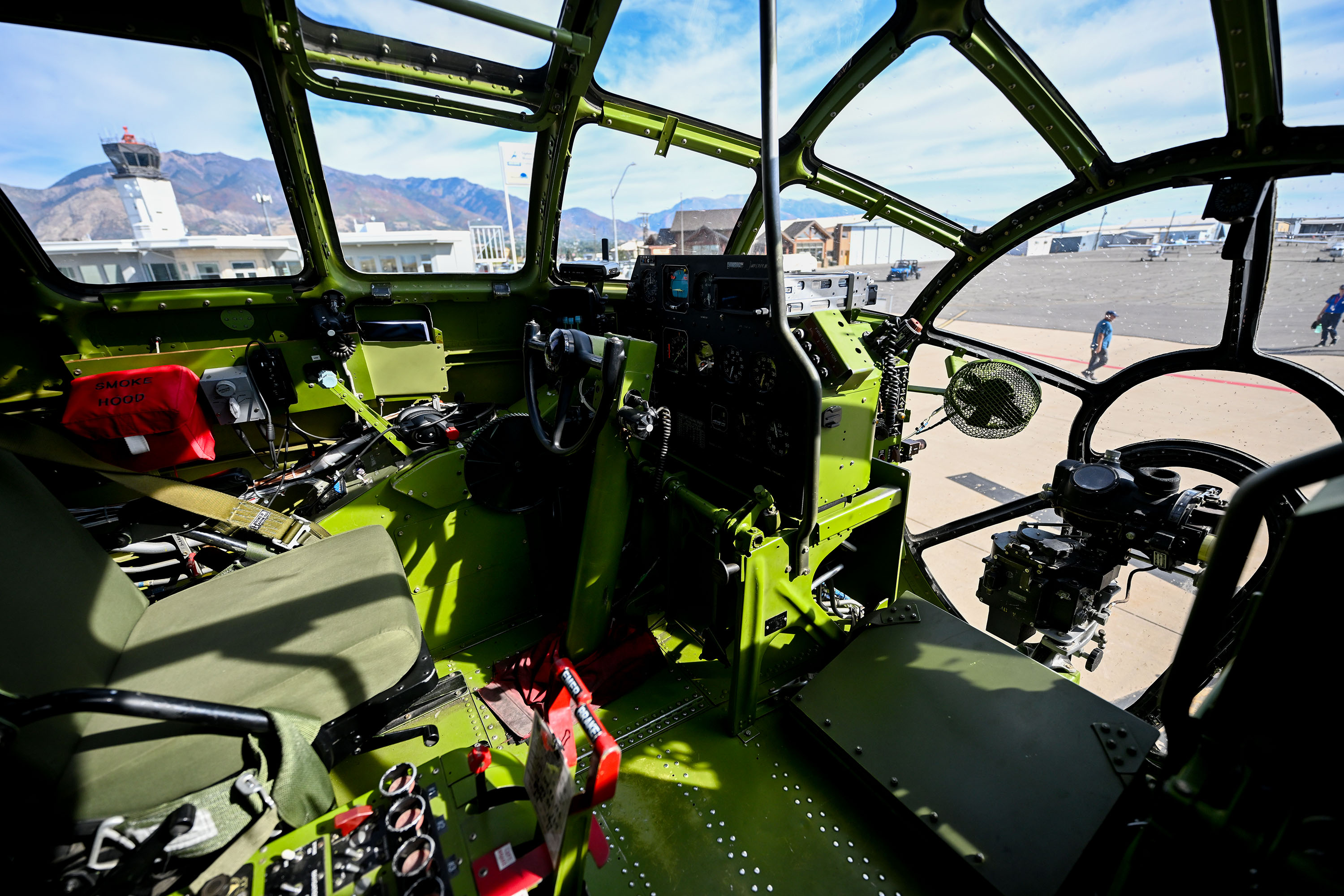 The cockpit of Doc, one of only two flying B-29 Superfortress planes still flying worldwide, sits at Ogden-Hinckley Regional Airport on Monday