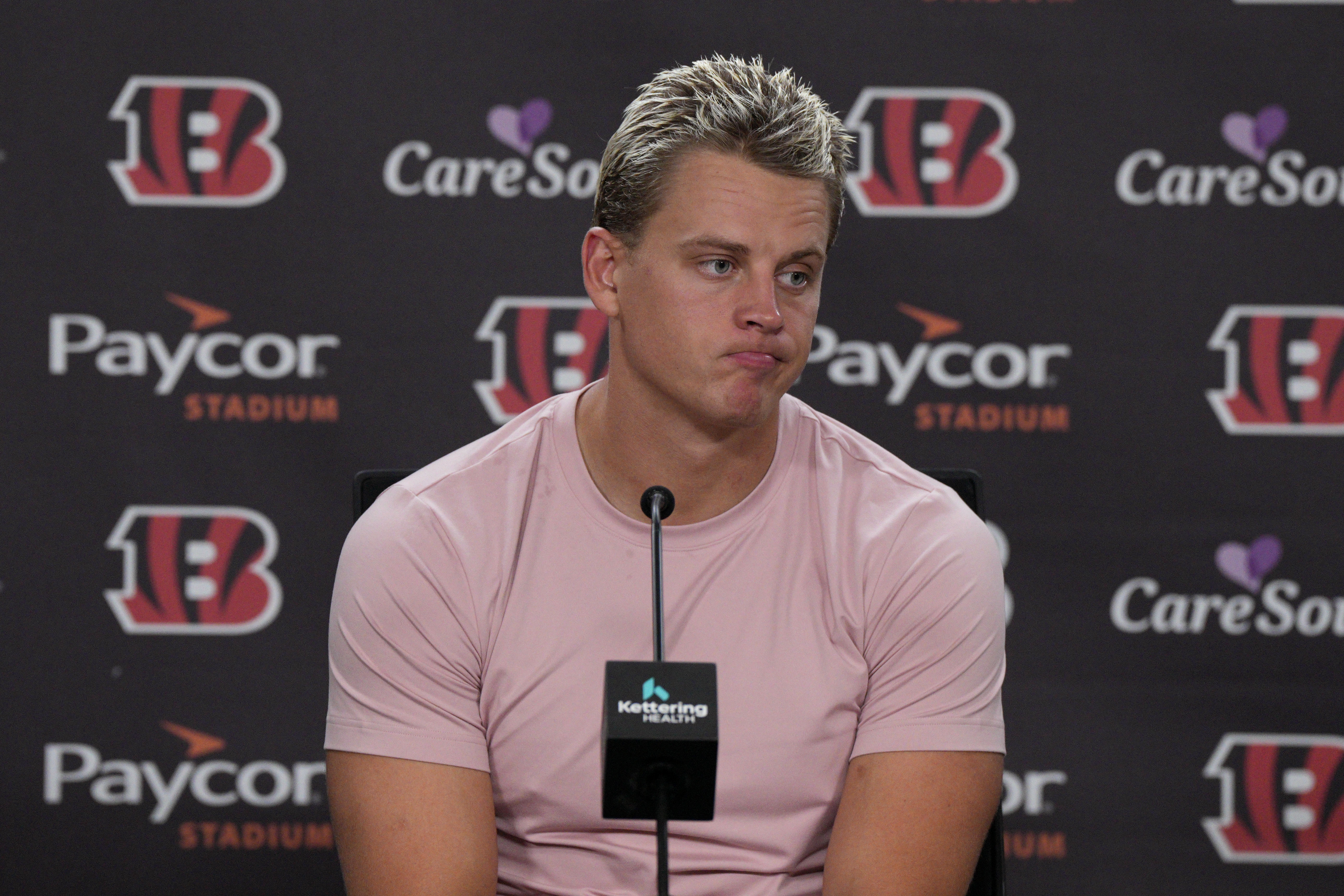 Cincinnati Bengals quarterback Joe Burrow speaks during a news conference after an NFL football game against the Washington Commanders, Monday, Sept. 23, 2024, in Cincinnati. The Commanders won 38-33. 