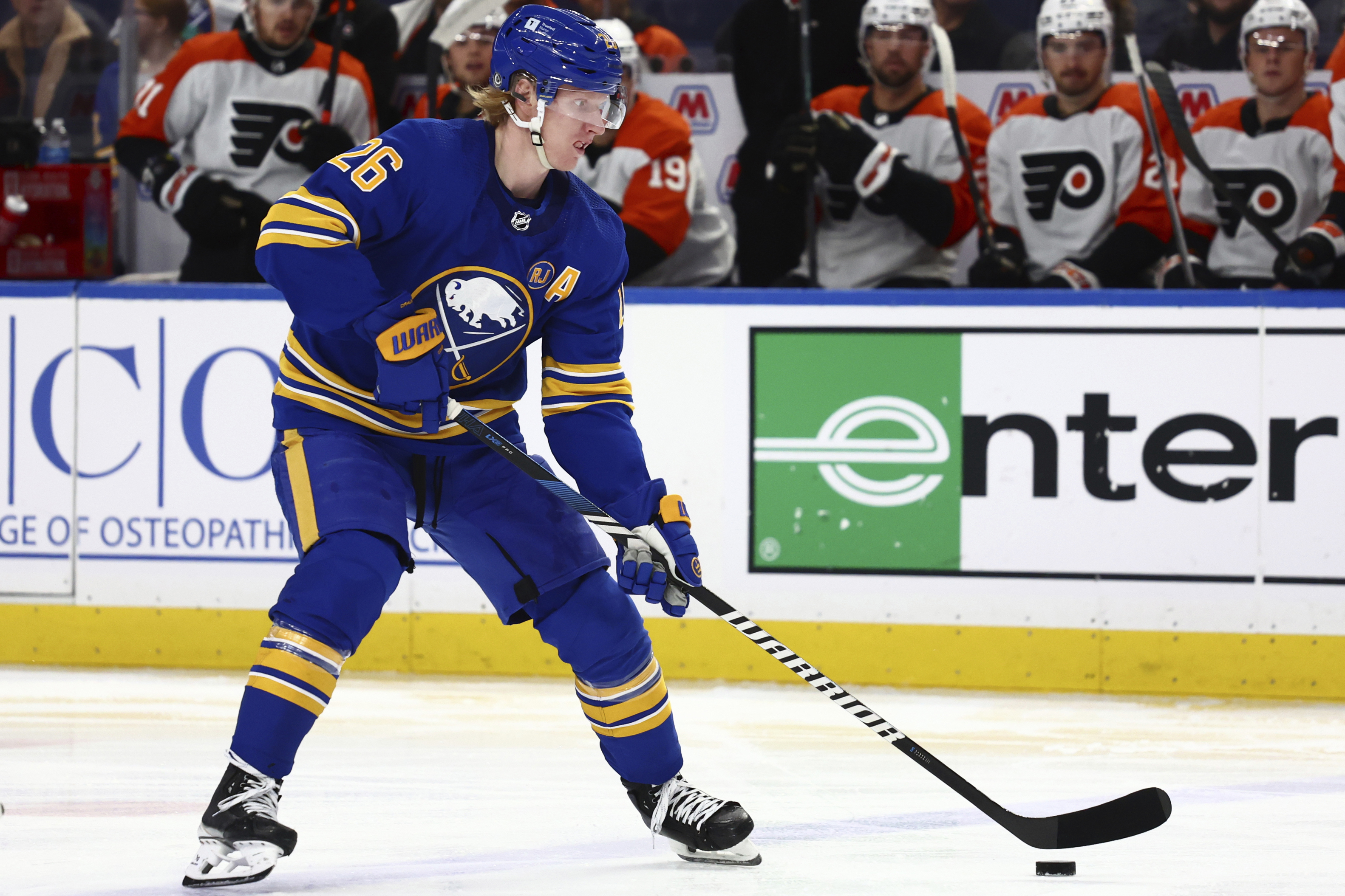 FILE - Buffalo Sabres defenseman Rasmus Dahlin carries the puck into the zone during the first period of an NHL hockey game against the Philadelphia Flyers, April 5, 2024, in Buffalo, N.Y. 