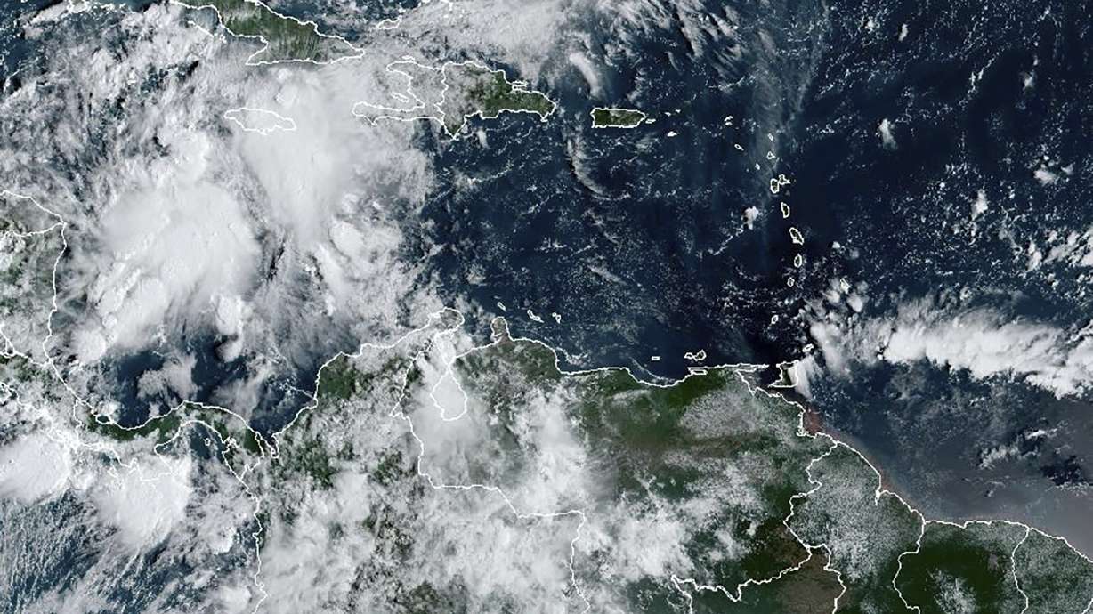 This image shows a cluster of storms located south of the Cayman Islands which are expected to strengthen in upcoming days, Monday.
