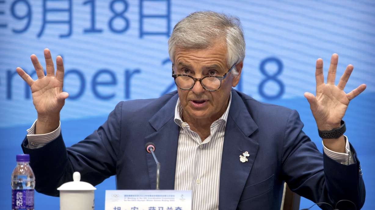 FILE - International Olympic Committee (IOC) Vice President Juan Antonio Samaranch Jr. speaks during a press conference at the headquarters of the 2022 Beijing Winter Olympics Organizing Committee in Beijing, Tuesday, Sept. 18, 2018.