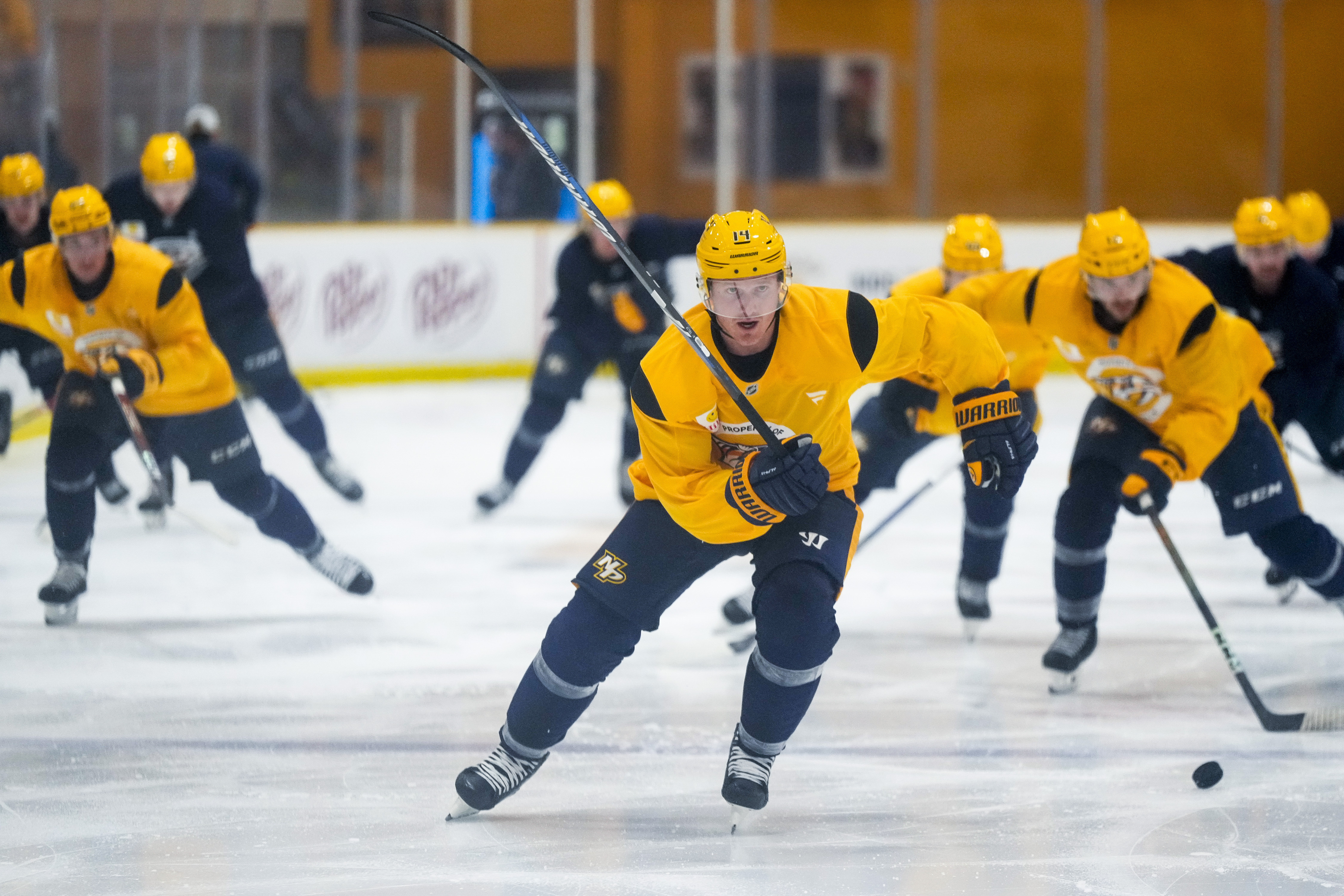 Nashville Predators forward Gustav Nyquist (14) skates across the ice during NHL hockey training camp Thursday, Sept. 19, 2024, in Nashville, Tenn. 