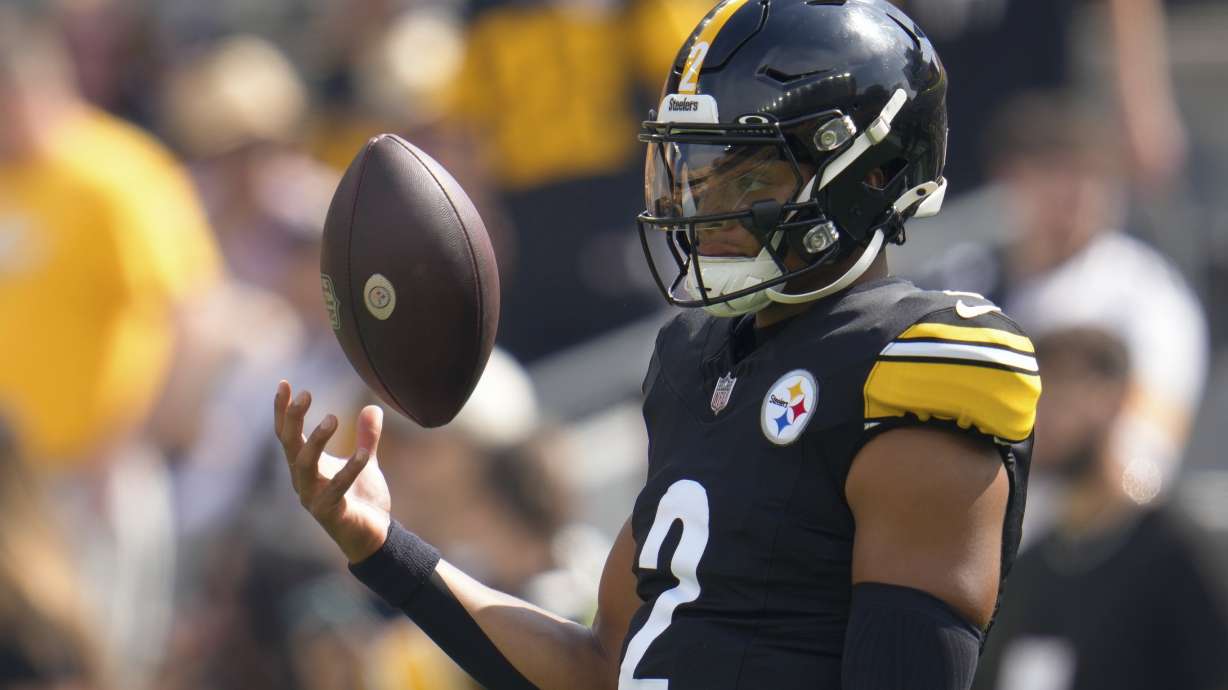 Pittsburgh Steelers quarterback Justin Fields warms up before an NFL football game against the Los Angeles Chargers, Sunday in Pittsburgh, Sept. 22, 2024.