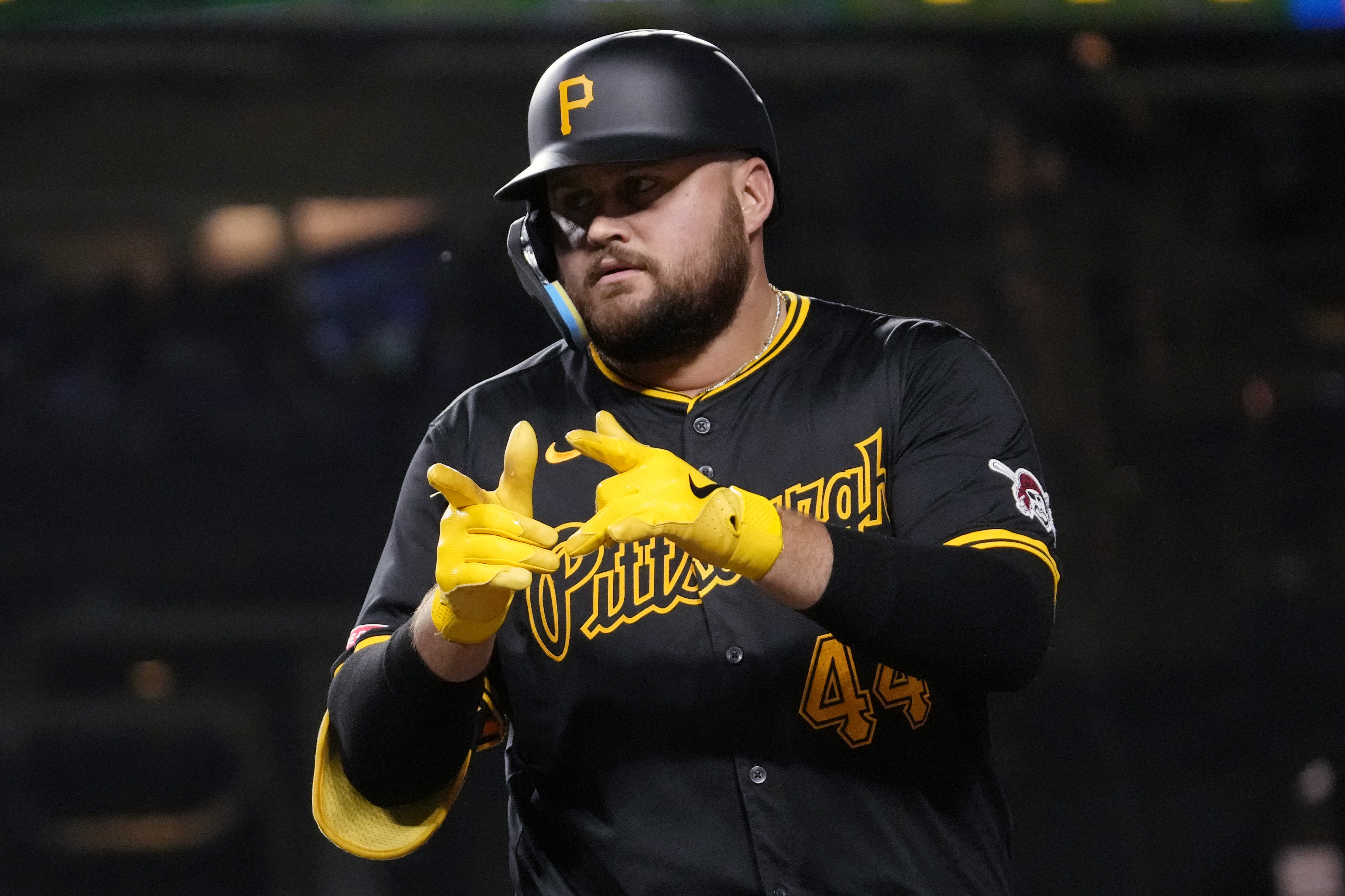 Pittsburgh Pirates' Rowdy Tellez celebrates after hitting a one-run single during the third inning of a baseball game against the Chicago Cubs in Chicago, Tuesday, Sept. 3, 2024. 