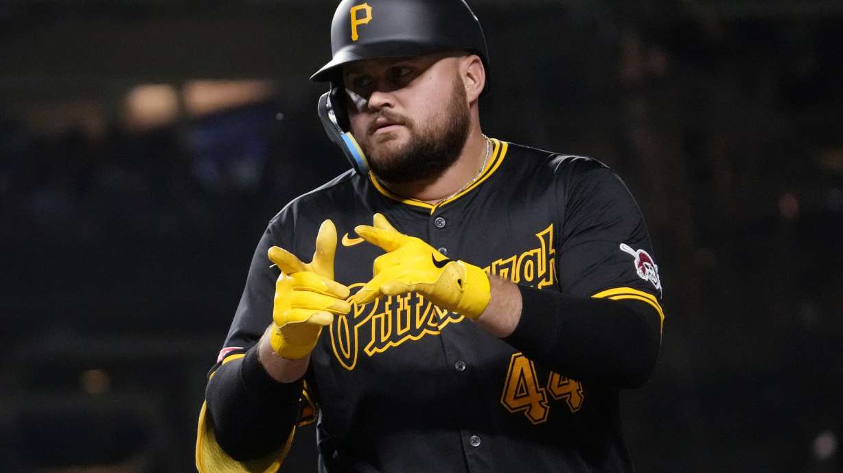 Pittsburgh Pirates' Rowdy Tellez celebrates after hitting a one-run single during the third inning of a baseball game against the Chicago Cubs in Chicago, Tuesday, Sept. 3, 2024.
