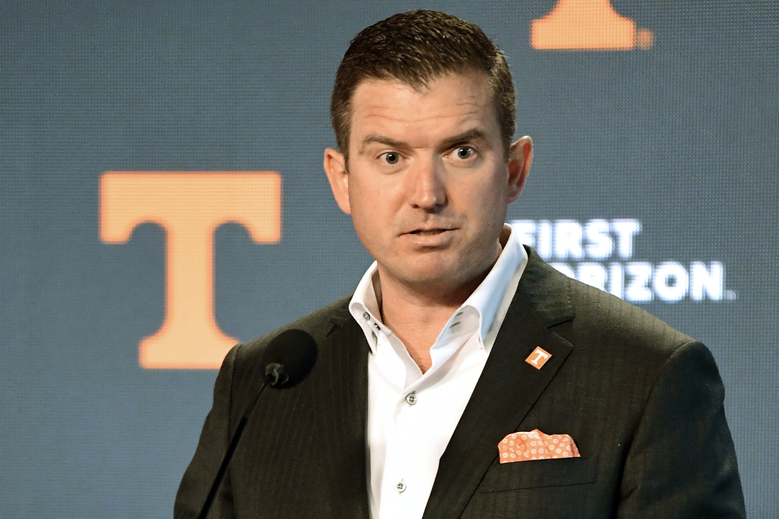 FILE - University of Tennessee's new Director of Athletics Danny White speaks during a press conference in Knoxville, Tenn., Jan. 22, 2021. 