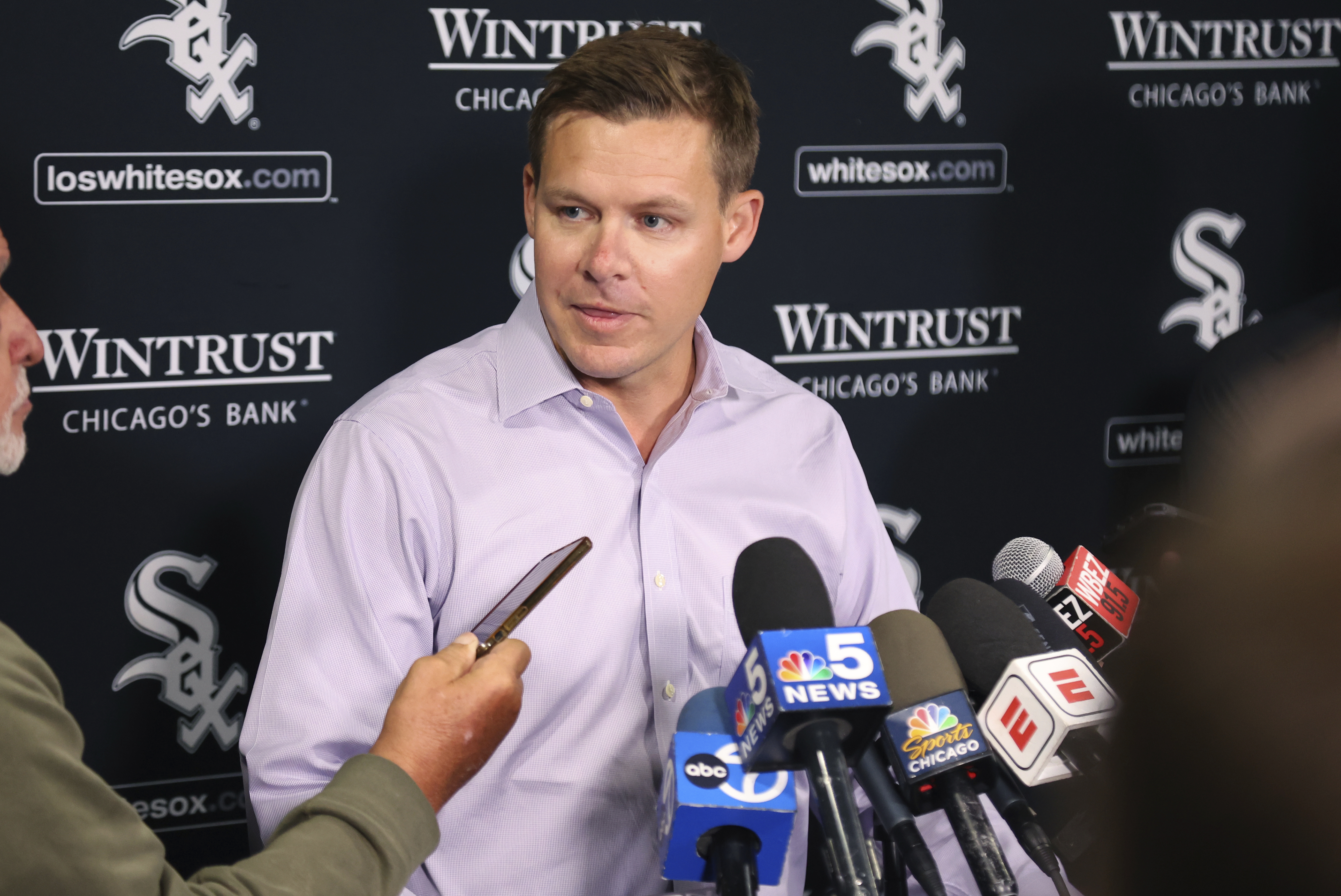 Chicago White Sox general manager Chris Getz speaks with the media prior to a baseball game against the Los Angeles Angels, Tuesday, Sept. 24, 2024, in Chicago. 