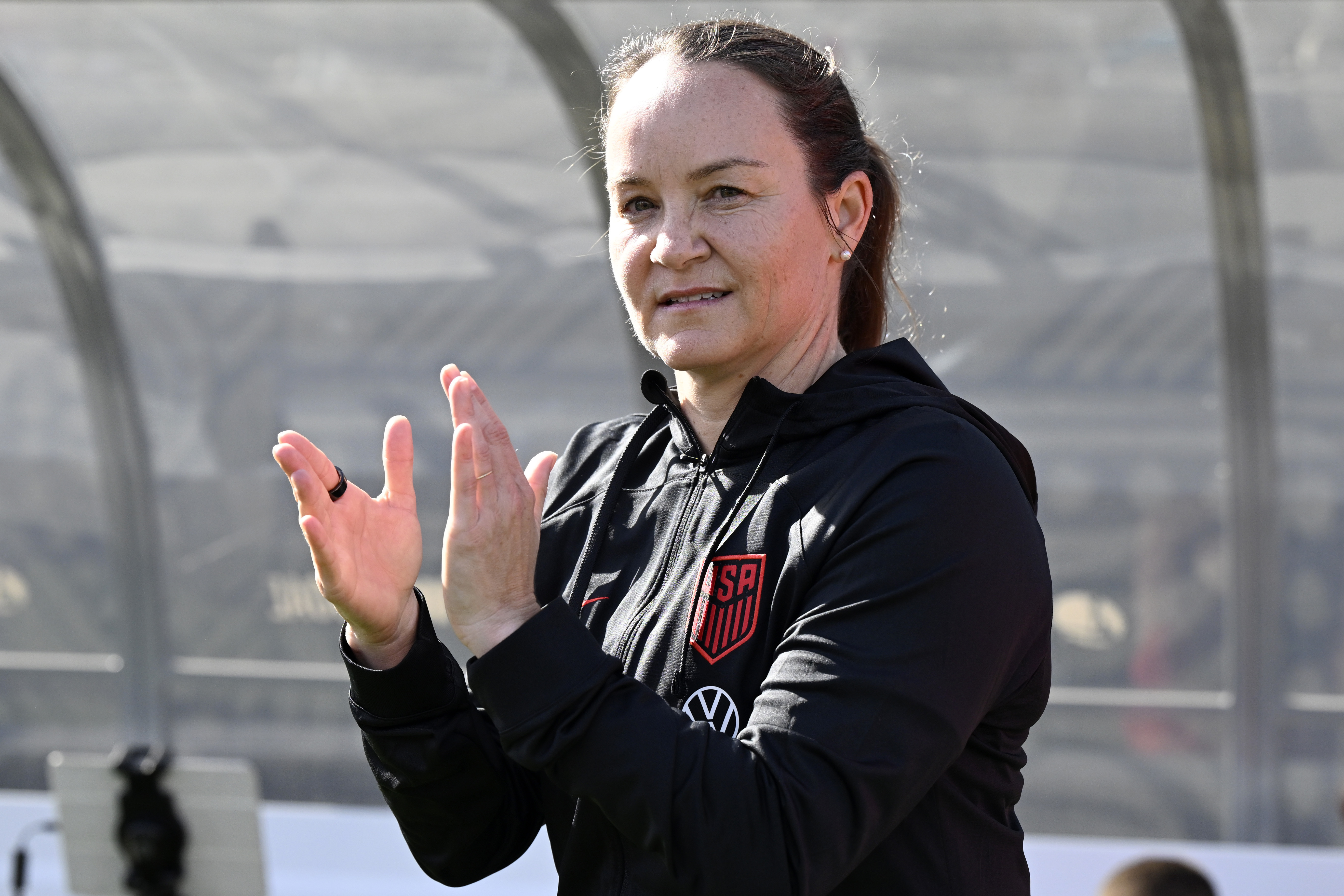 FILE - United States coach Twila Kilgore applauds her team before an international friendly soccer match against Colombia Sunday, Oct. 29, 2023, in San Diego. 