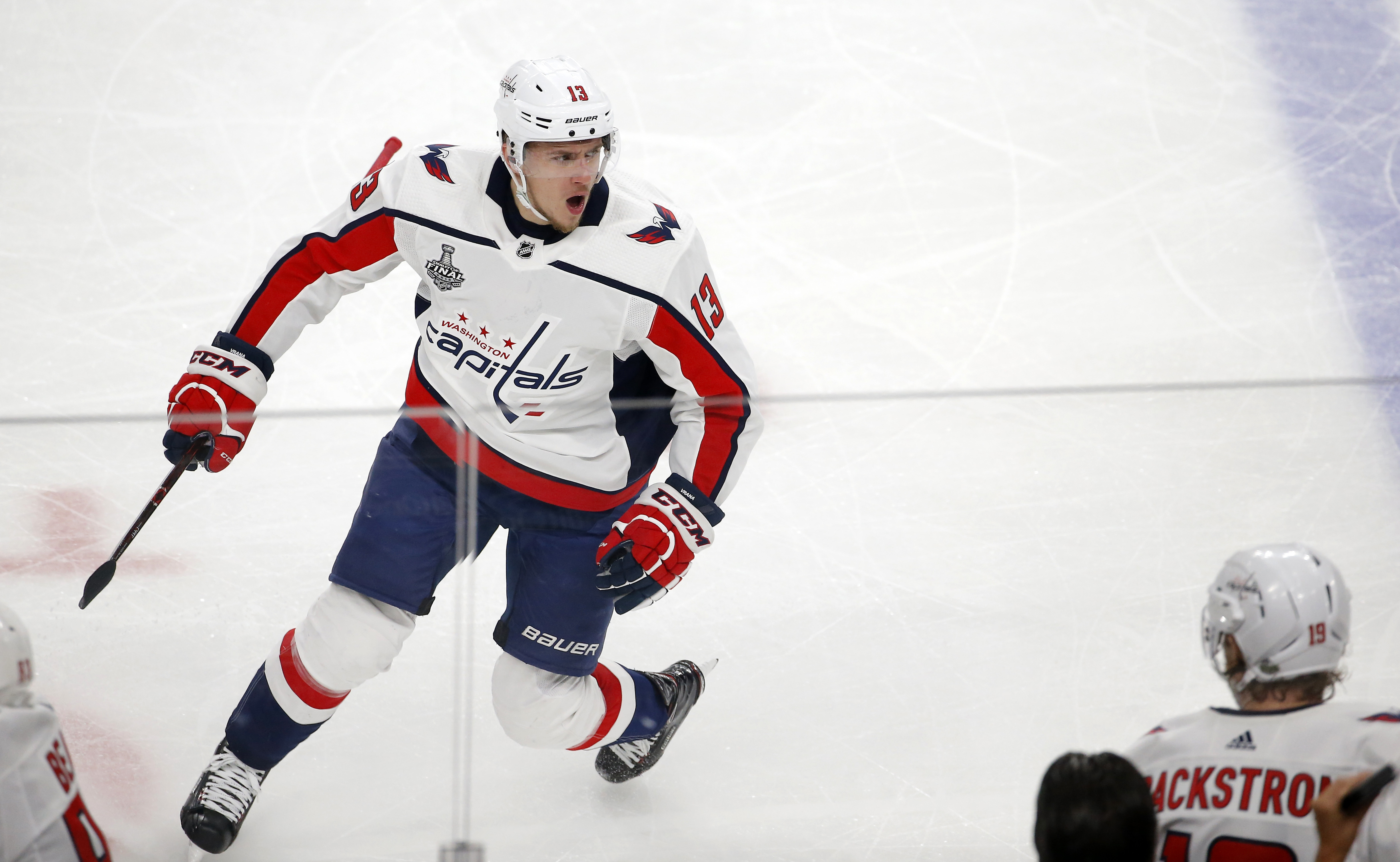 FILE - Washington Capitals left wing Jakub Vrana, of the Czech Republic, celebrates his goal during the second period in Game 5 of the NHL hockey Stanley Cup Finals against the Vegas Golden Knights on Thursday, June 7, 2018, in Las Vegas. 