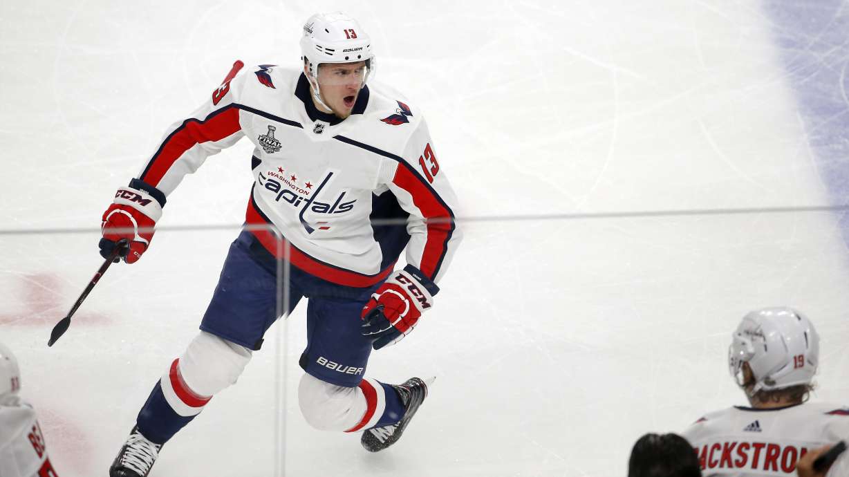 FILE - Washington Capitals left wing Jakub Vrana, of the Czech Republic, celebrates his goal during the second period in Game 5 of the NHL hockey Stanley Cup Finals against the Vegas Golden Knights on Thursday, June 7, 2018, in Las Vegas.