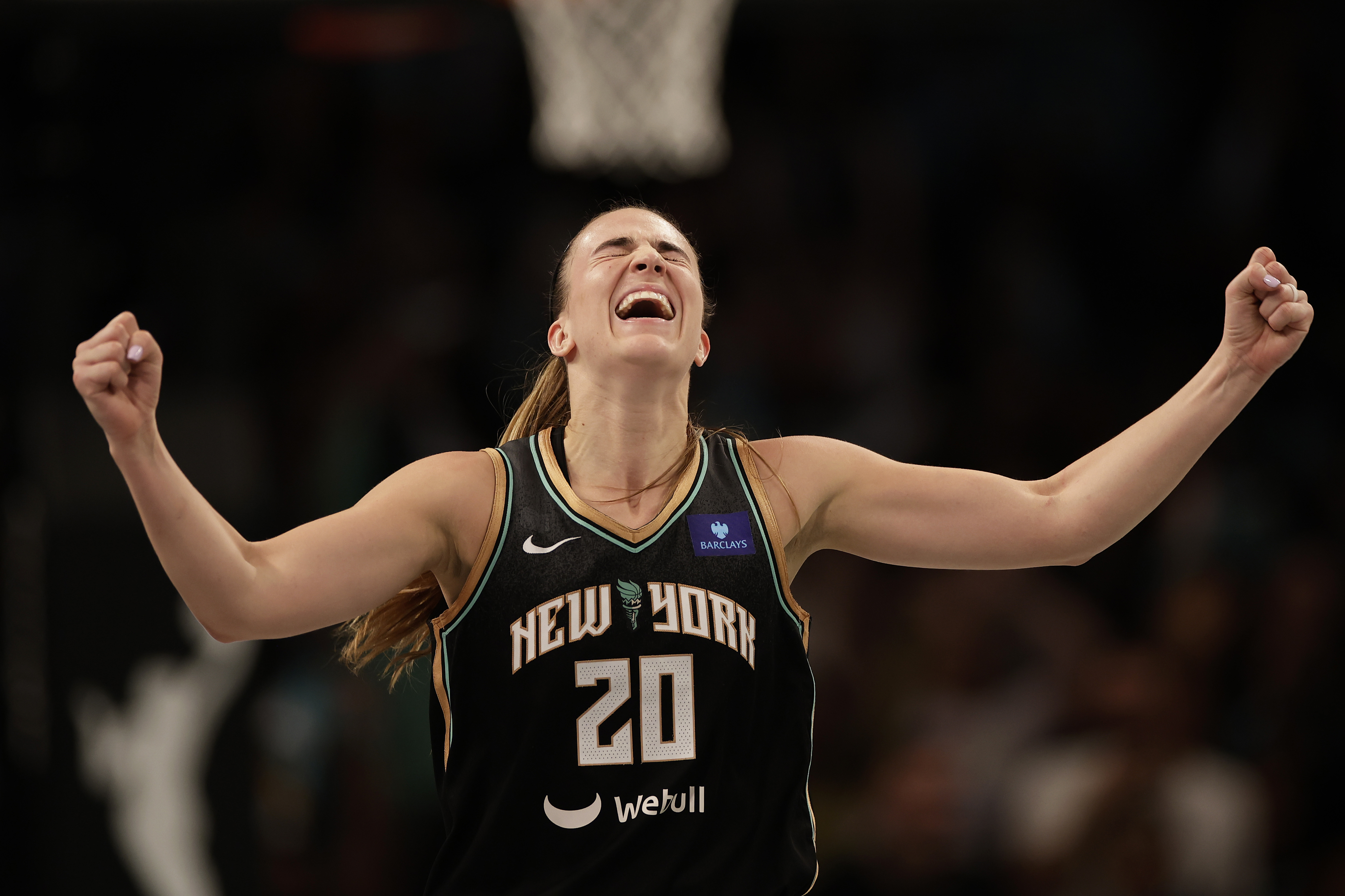 New York Liberty guard Sabrina Ionescu reacts during the second half of a first-round WNBA basketball playoff game against the Atlanta Dream, Tuesday, Sept. 24, 2024, in New York. The Liberty won 91-82 to clinch the series 2-0. 