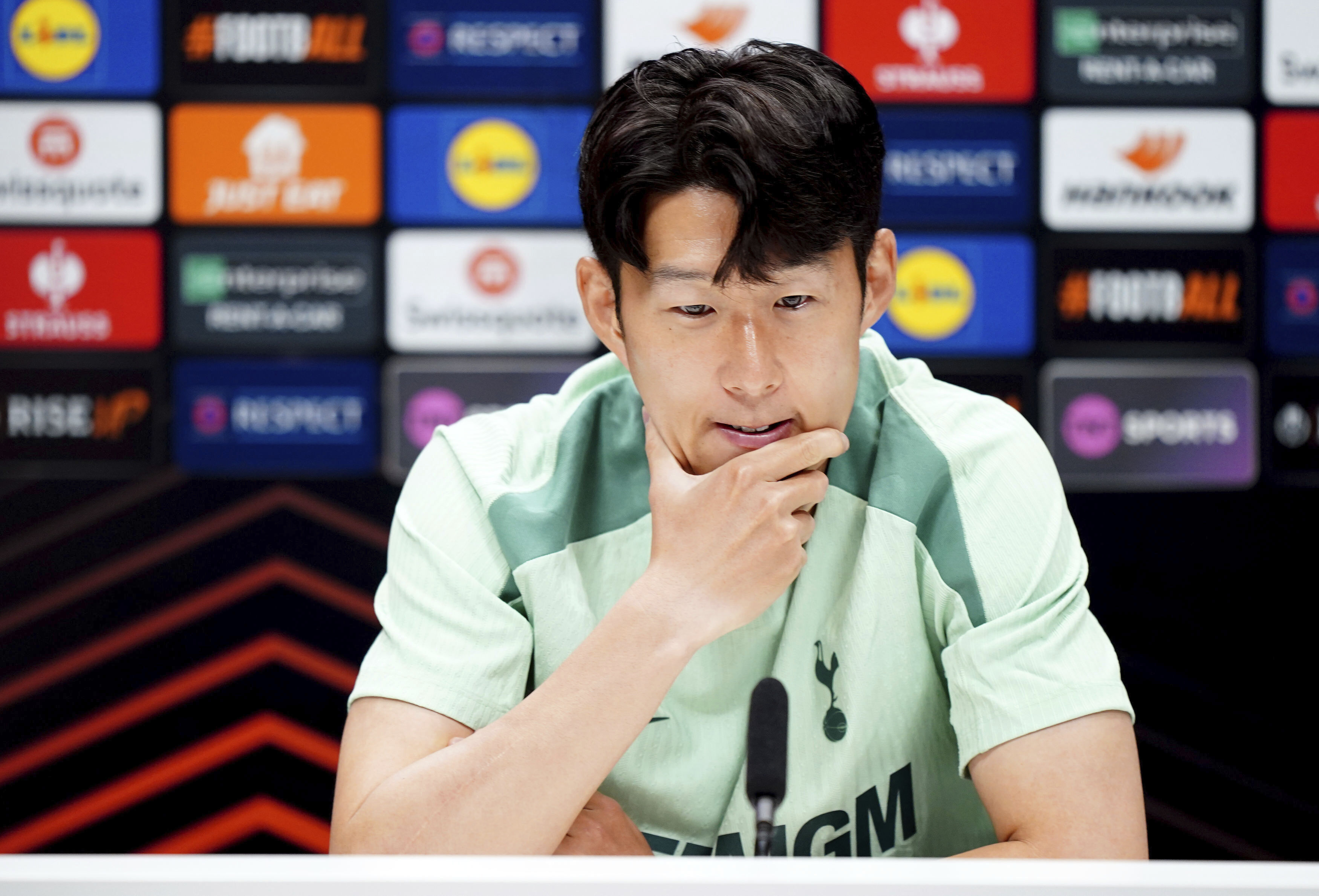 Tottenham Hotspur's Son Heung-Min, gestures during a press conferece, at Hotspur Way Training Ground, in London, Wednesday, Sept. 25, 2024, ahead of their Europa League soccer match against Qarabağ FK on Thursday.