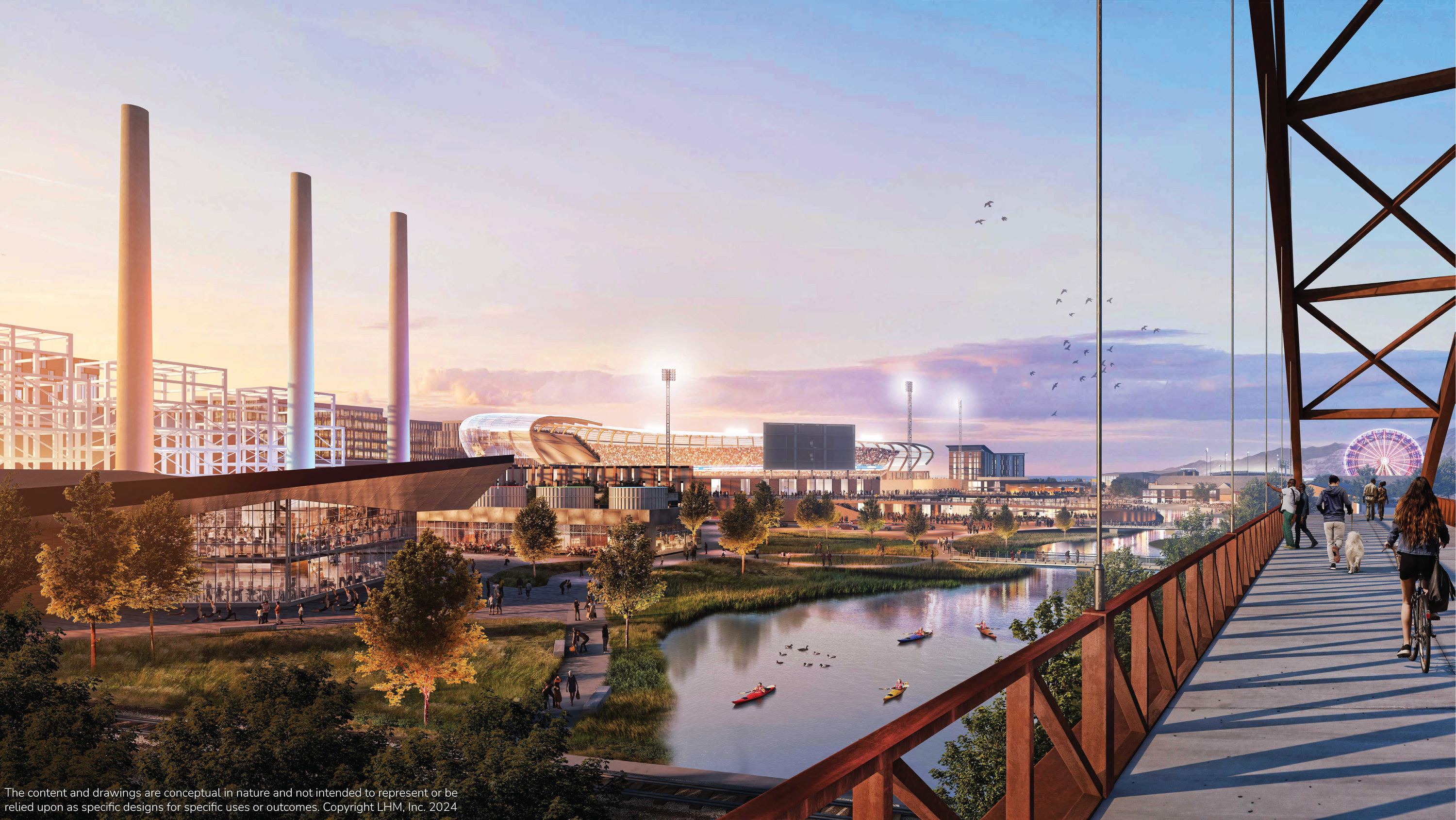 The Larry H. Miller Company and Miller family unveiled renderings for the Power District, a nearly 100-acre site adjacent to the Utah State Fairpark and the Jordan River, on Feb. 15. Here is a view from Archuleta Bridge looking north toward the Power District.
