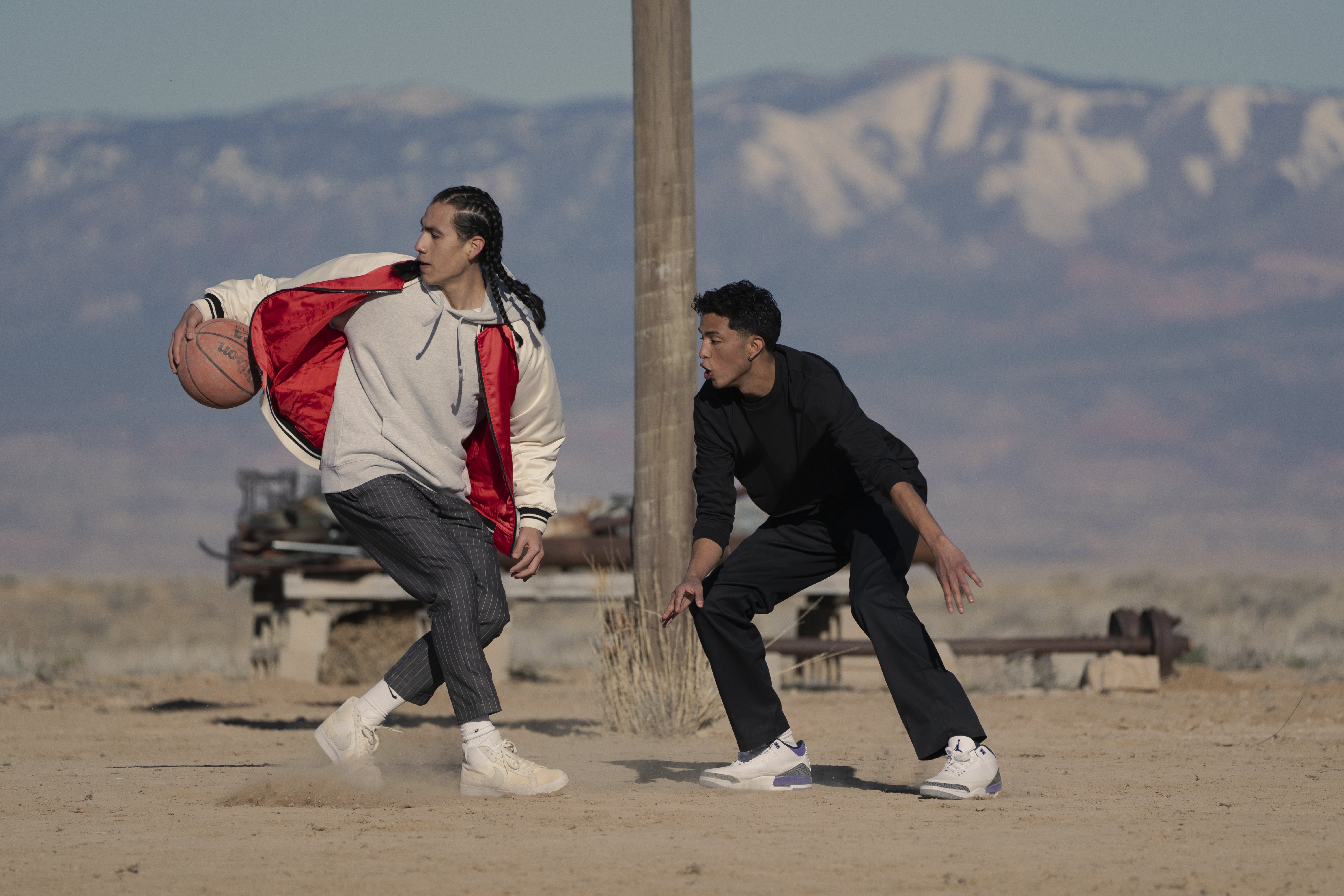 A photo from "Rez Ball," a Netflix film to be released Friday, Sept. 27, that was filmed in part on the Navajo Nation. Kusem Goodwind as Nataanii, left, and Kauchani Bratt as Jimmy in "Rez Ball" appear in the photo.