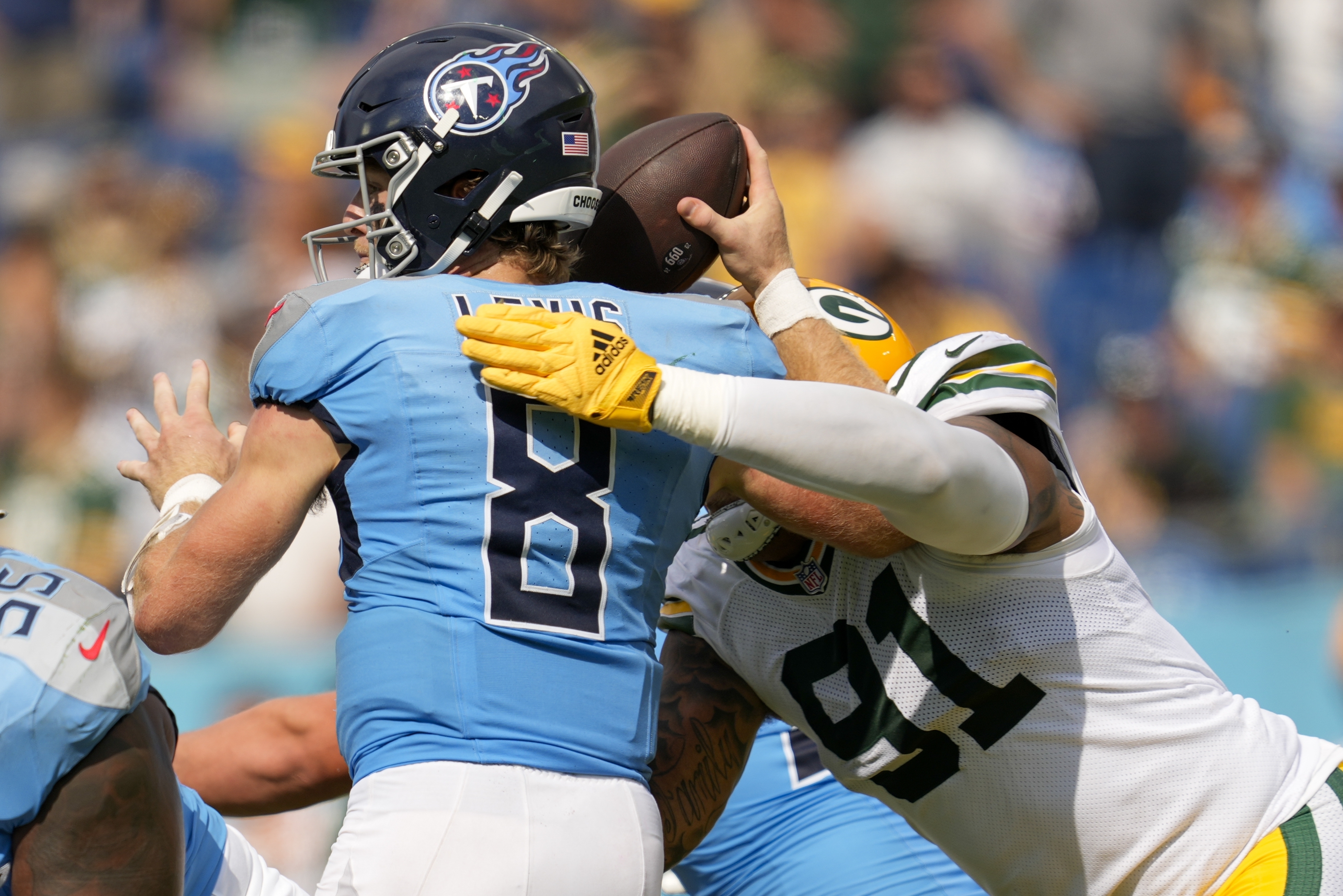 Green Bay Packers' Preston Smith sacks Tennessee Titans' Will Levis during the second half of an NFL football game Sunday, Sept. 22, 2024, in Nashville, Tenn. 