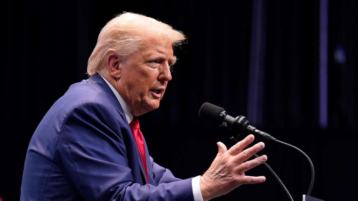 Republican presidential nominee former President Donald Trump speaks about the tax code and manufacturing at the Johnny Mercer Theatre Civic Center, Tuesday, in Savannah, Ga. The Trump campaign is quietly prepping a pitch to Latter-day Saint voters in Arizona.